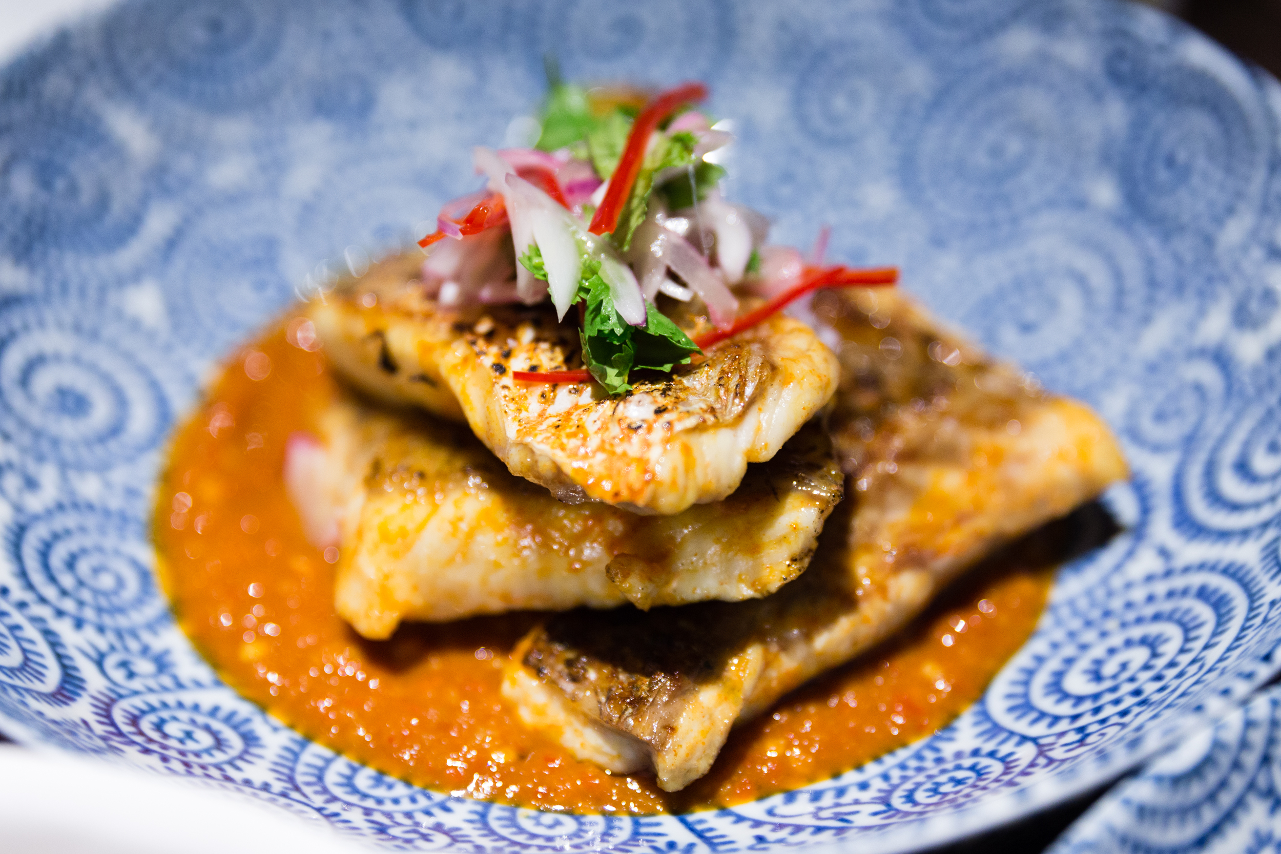 Coconut Charcoal Grilled Re d Lion Snapper Fillet, Dried Shrimp Sambal, Red Onion Relish