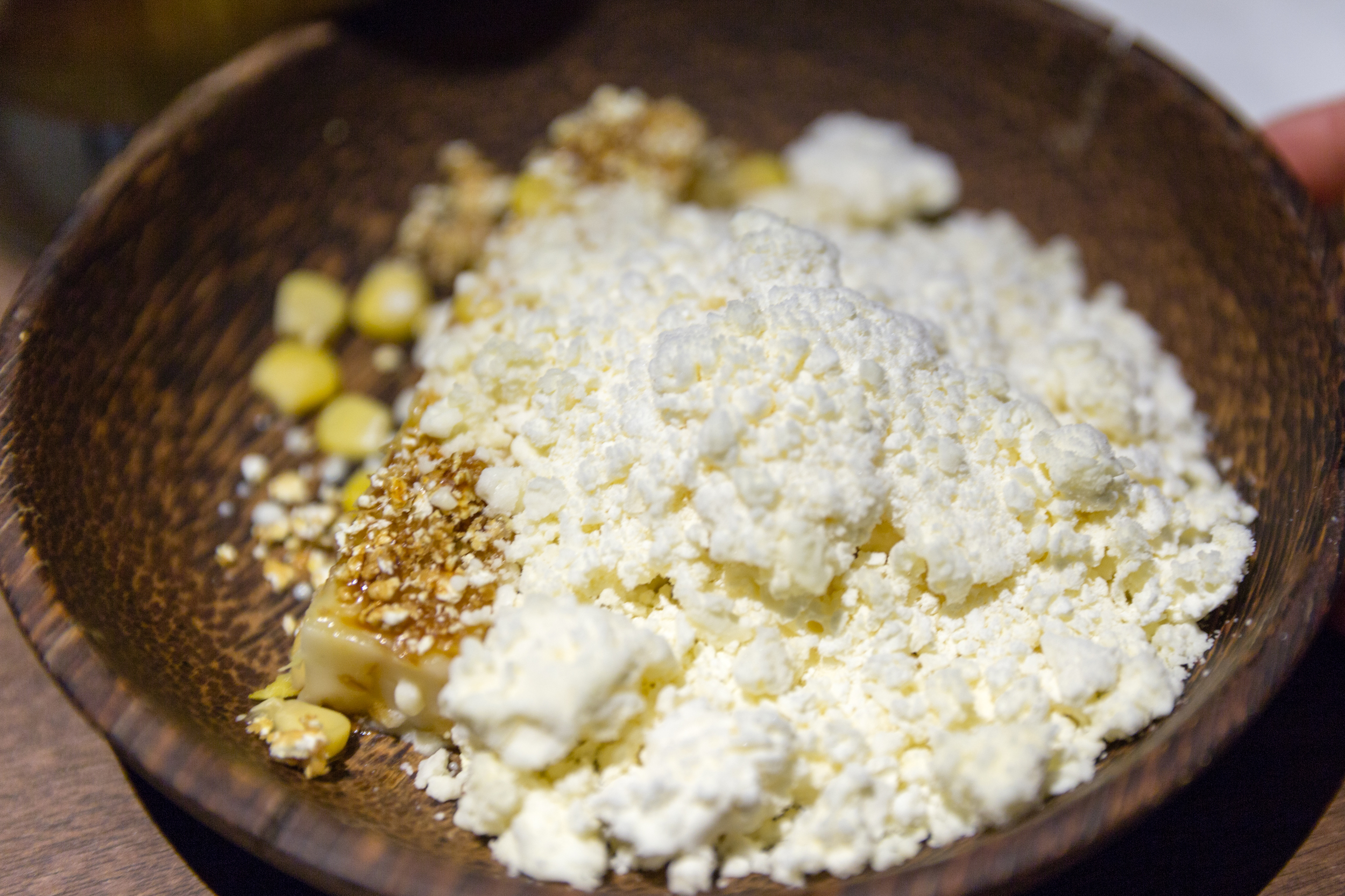Corn Hoon Kueh - Caramelised Baby Corn, Caramel Corn Crumble, Nitro Poached Corn Ice Cream