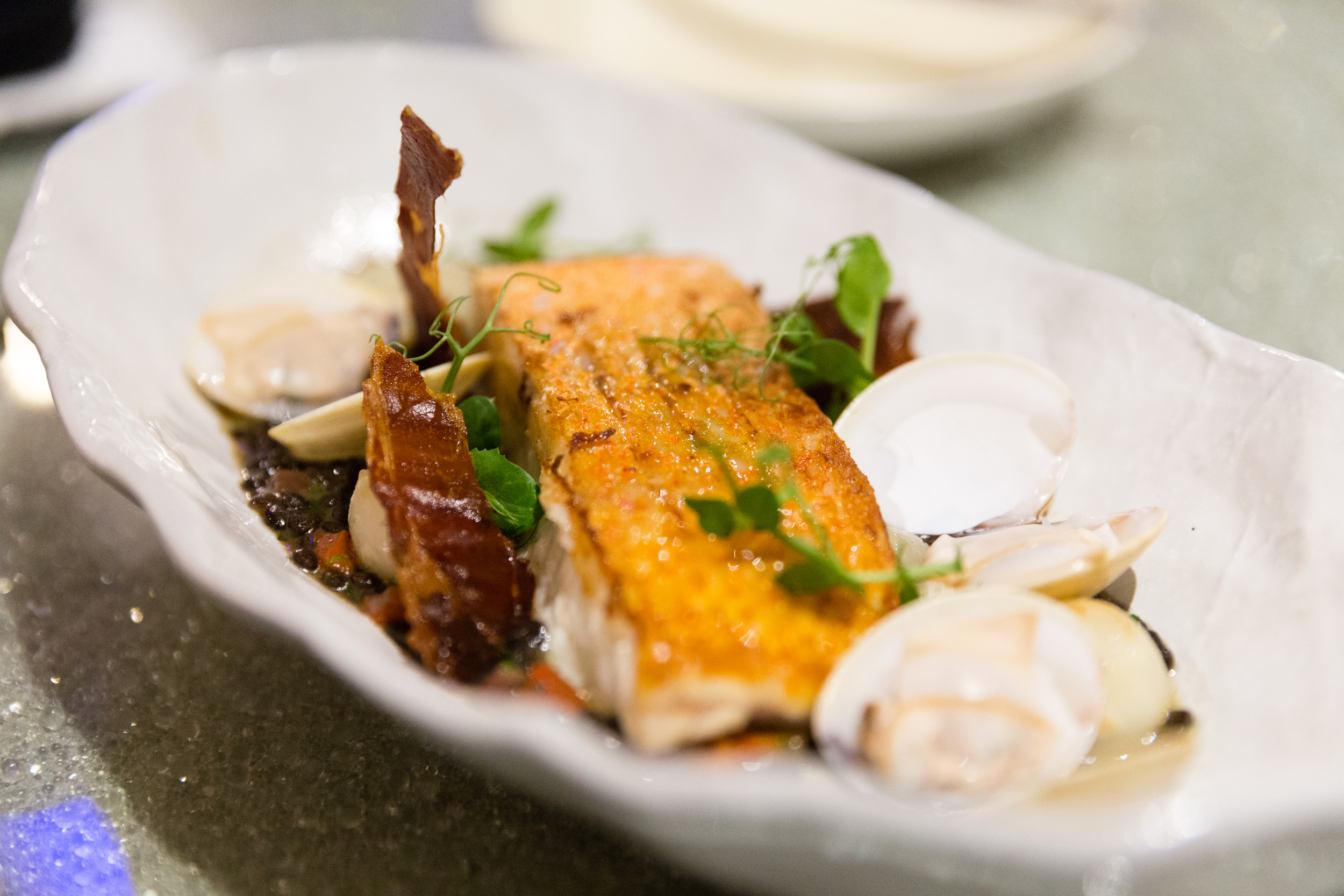 Seared Market Fish, Lentil, Clams and Crispy Ham