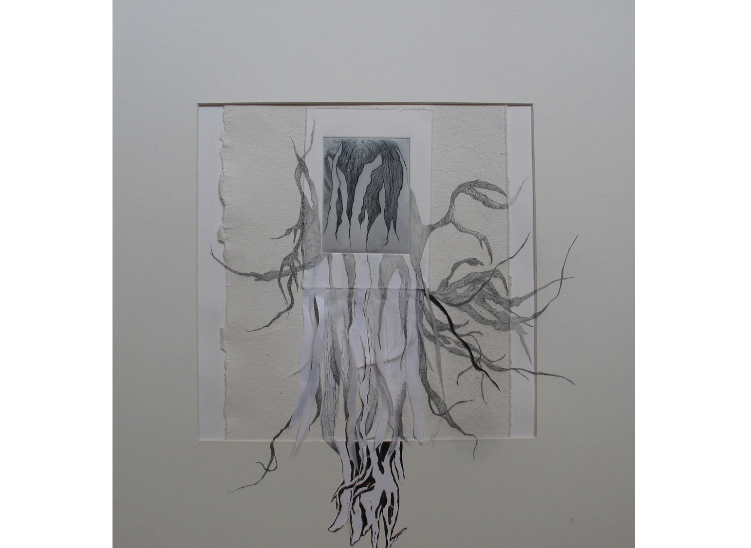 Enracinement, pointe sèche, découpage collage papier et crayon, 50x50 cm