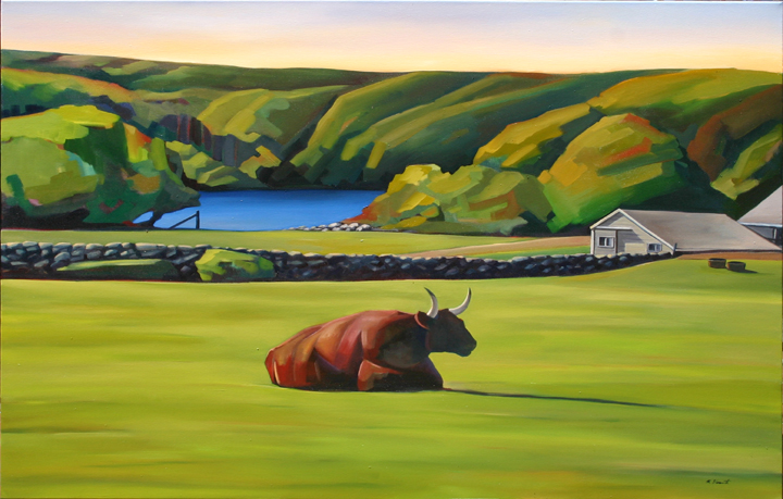 "Bull at Brookside Farm " Oil on Canvas H 54in x W 85in Price $14,500.00