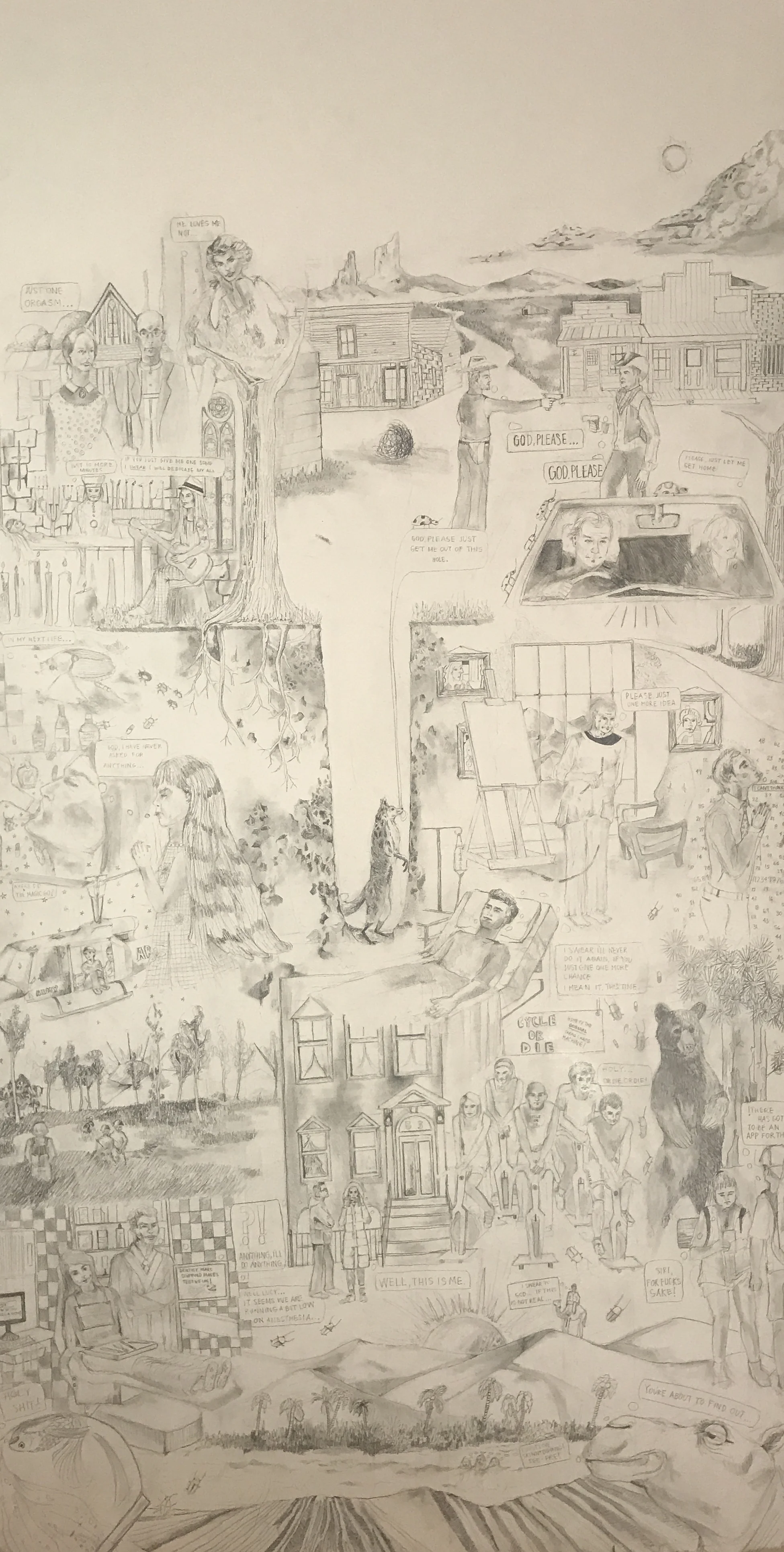    God,&nbsp;Please Just Get Me Out of This Hole    Mechanical pencil on primed drywall&nbsp;  8' x 4'&nbsp; 