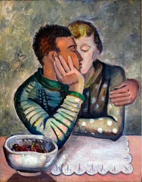 Clara Mairs Lovers with Cherries , c. 1950s Oil on board Canvas: 28 x 23 inches Framed: 32 ½ x 27 inches