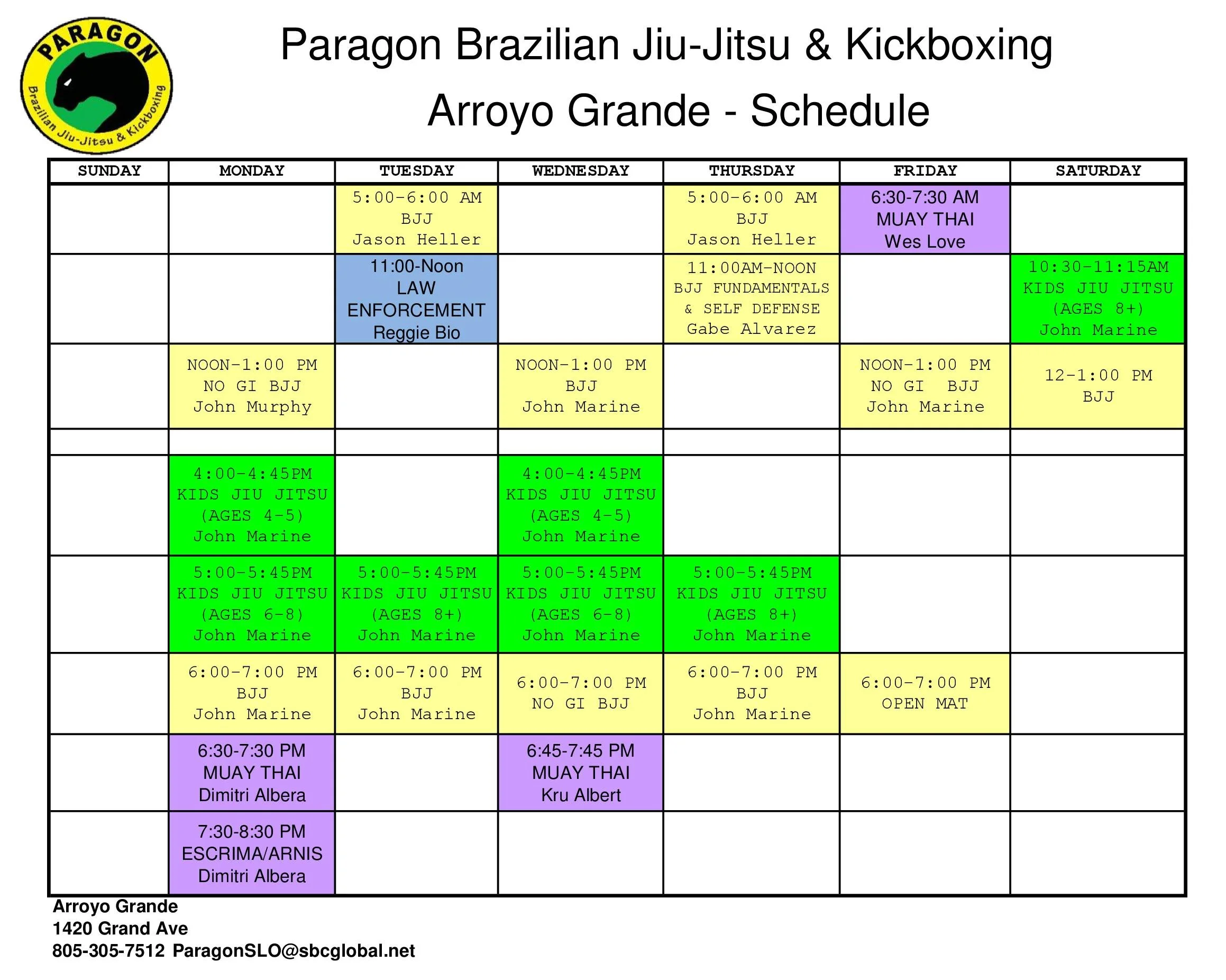 Arroyo Grande Schedule — Paragon Brazilian Jiu Jitsu