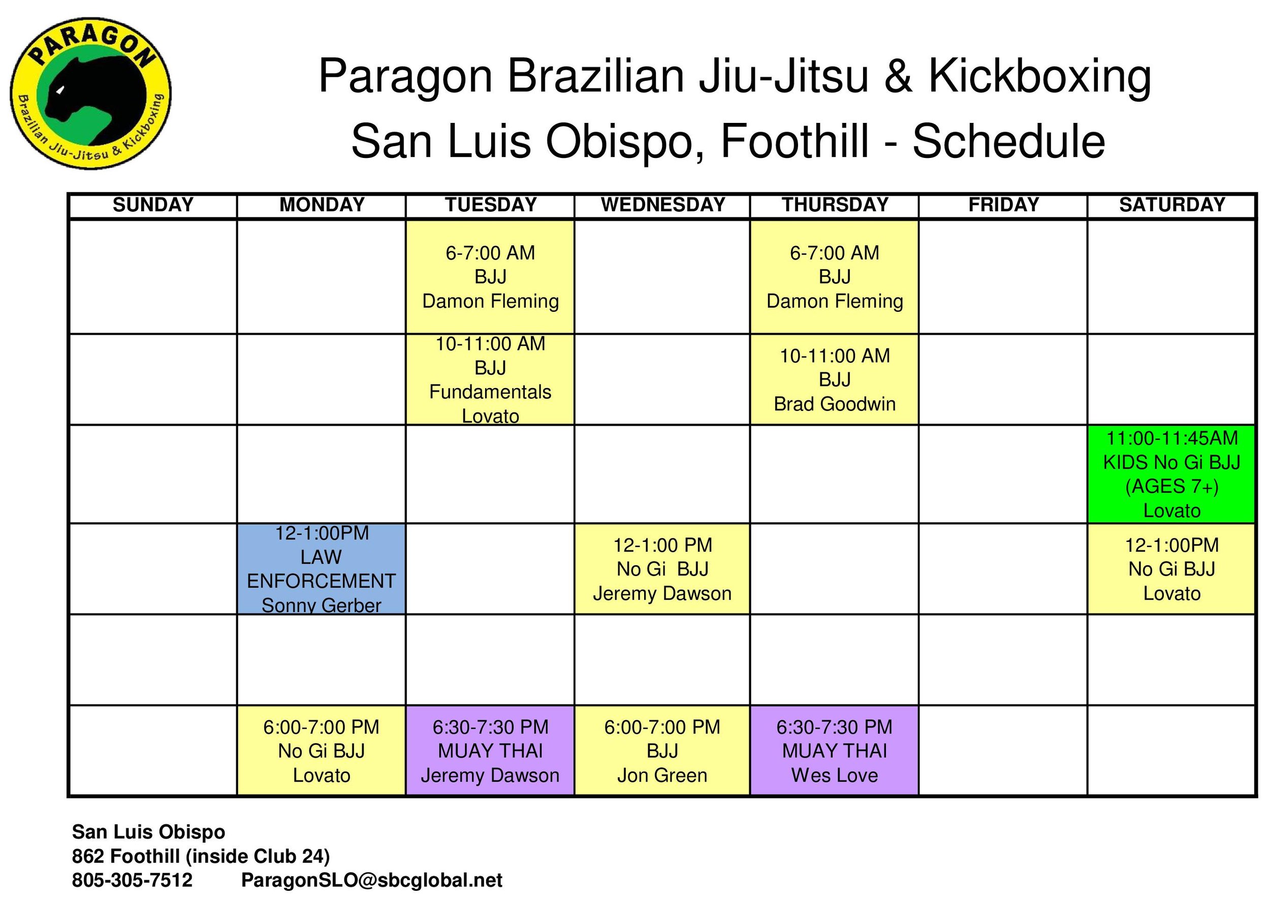 SLO Foothill Schedule — Paragon Brazilian Jiu Jitsu