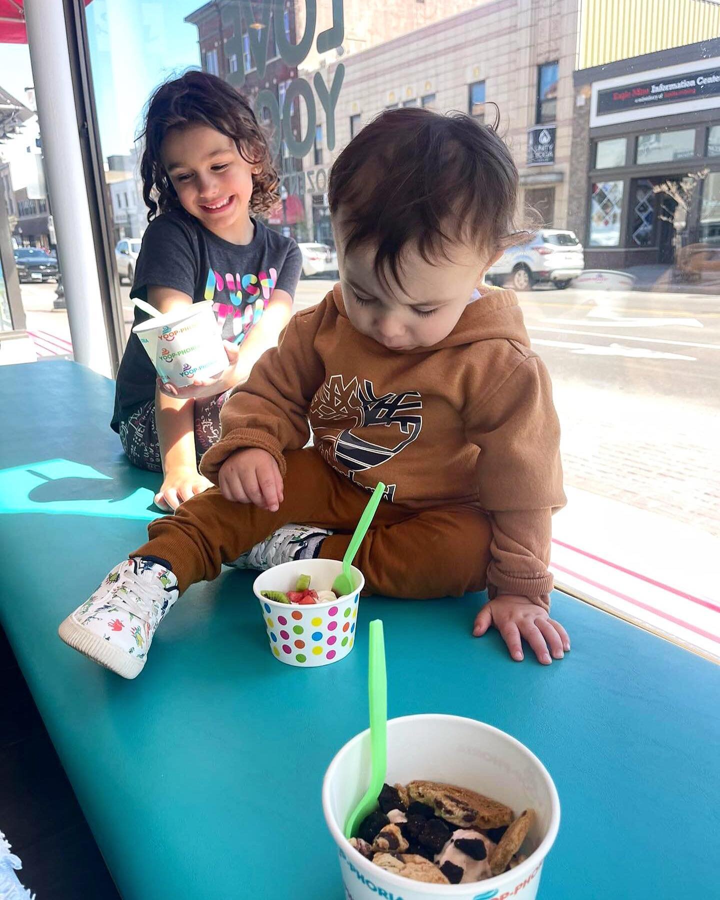 A perfect stop for after school 🍎✏️ Thanks @kt.belanger and kiddos for stopping by the shop! 💕🍦

🕒 We&rsquo;re open 12-9pm Monday-Saturday. 

🥄 Self-serve frozen yogurt, dairy-free sorbet, Jilbert&rsquo;s ice cream and toppings. Plus, sweet or s