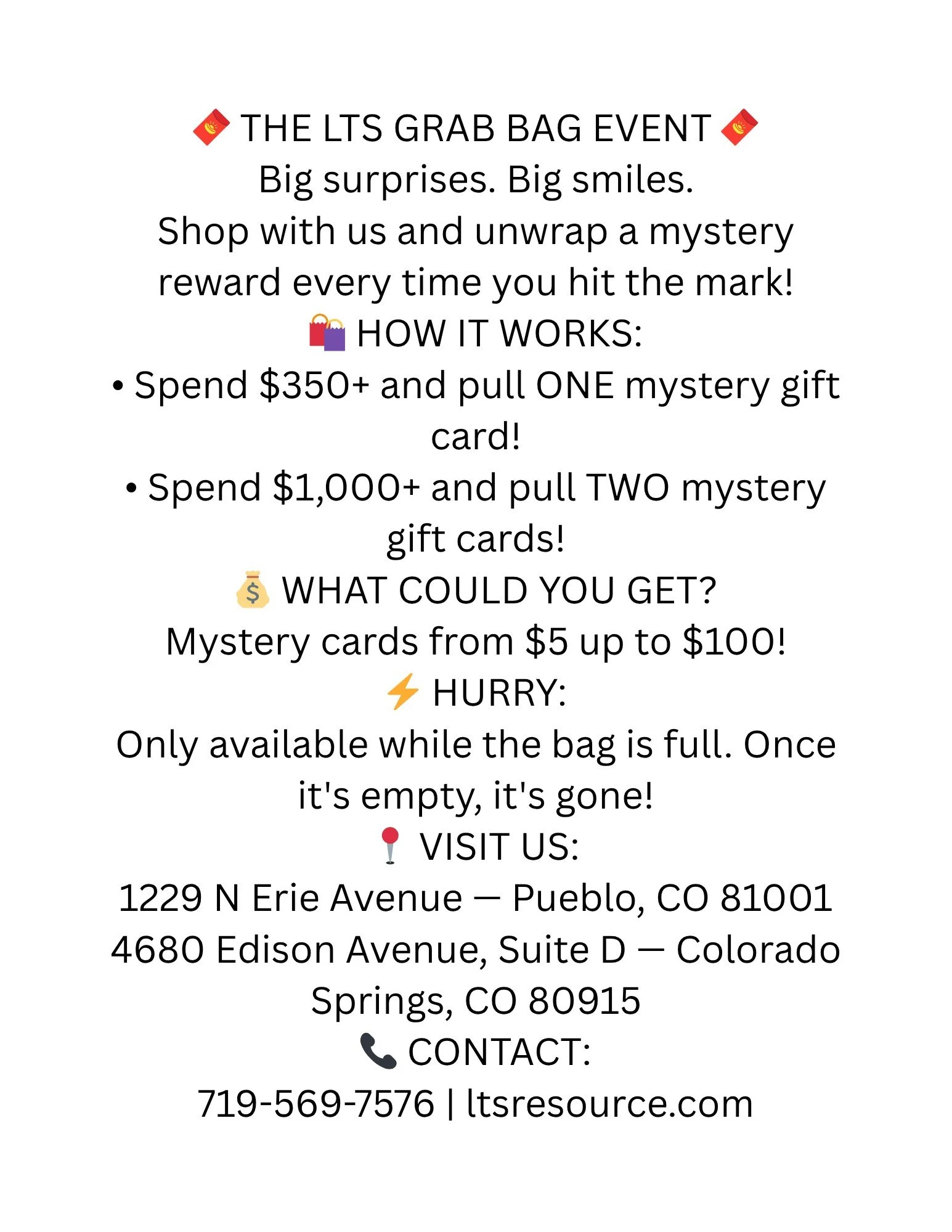 🧧 THE LTS GRAB BAG EVENT 🧧 BIG SAVIN🧧 THE LTS GRAB BAG EVENT 🧧 Big surprises. Big smiles. Shop with us and unwrap a mystery reward every time you hit the mark! 🛍.jpeg
