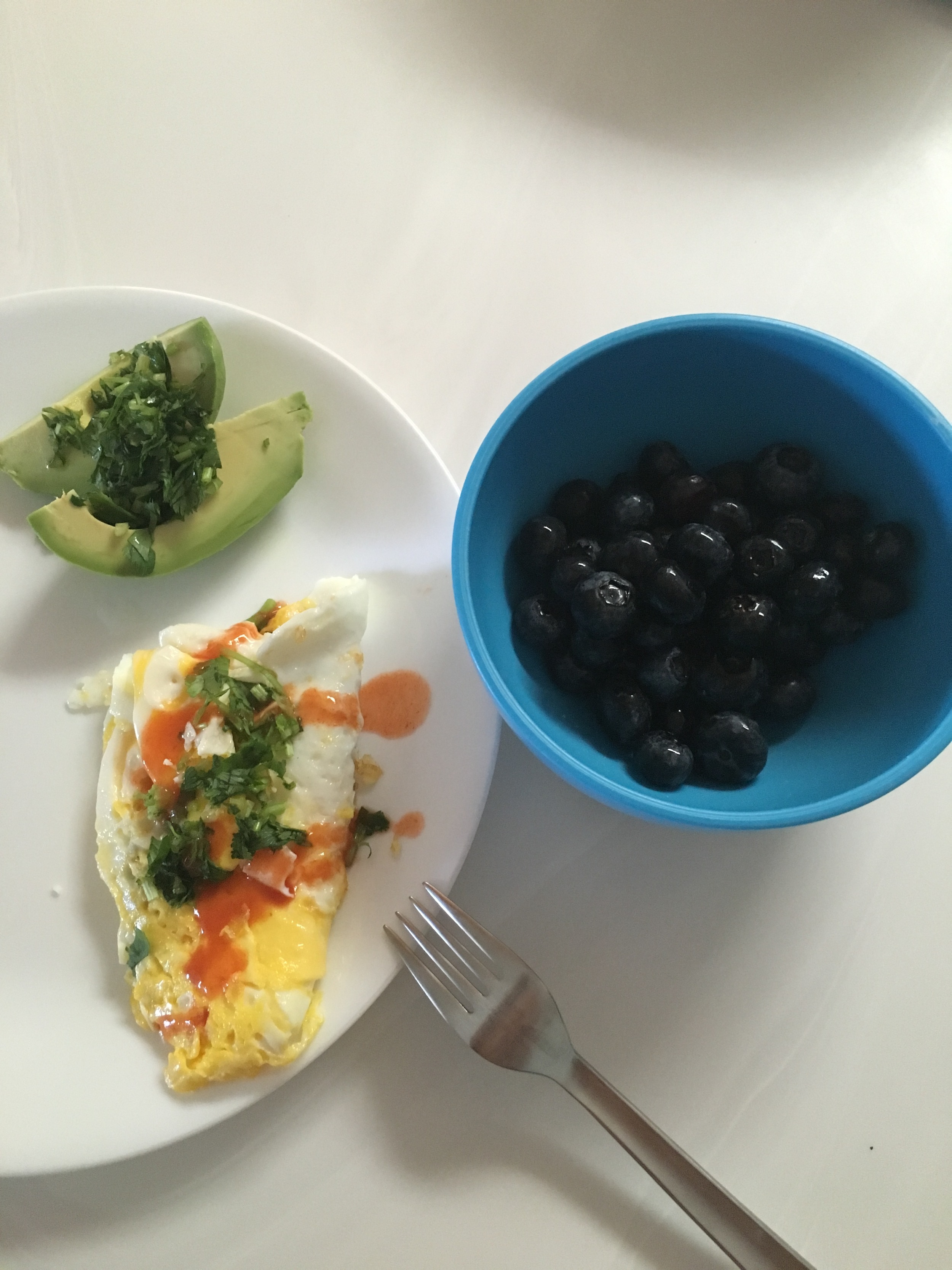 If I can make a healthy breakfast, anyone can. 2 eggs fried in coconut oil with diced cilantro. Avocado with diced cilantro and lime.&nbsp;Small bowl of blueberries.&nbsp;