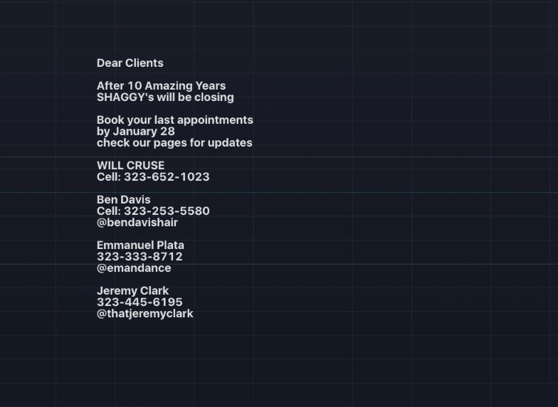 Shaggy's Closing January 28