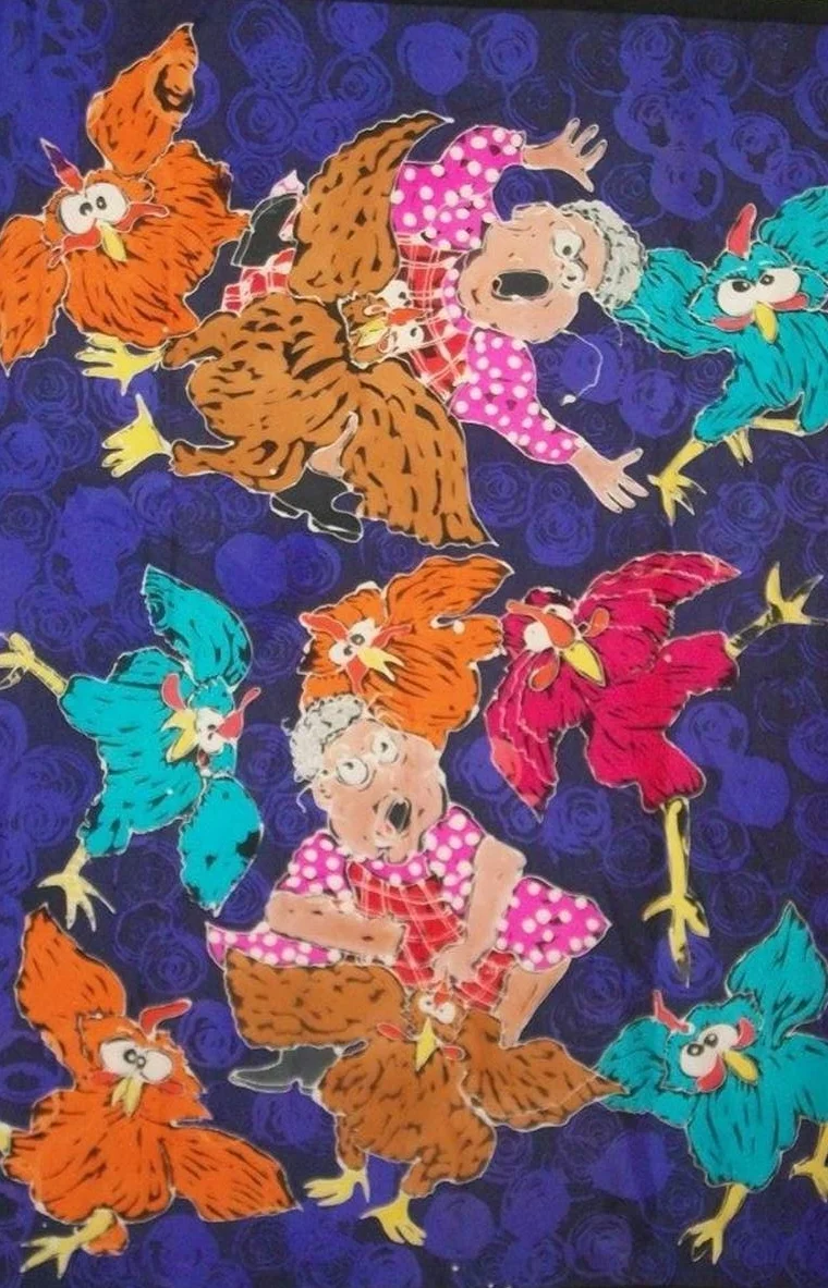  Jan Ingram,&nbsp; The Twin Grandmothers: Raising  &nbsp;Chickens , batik on silk habotai 