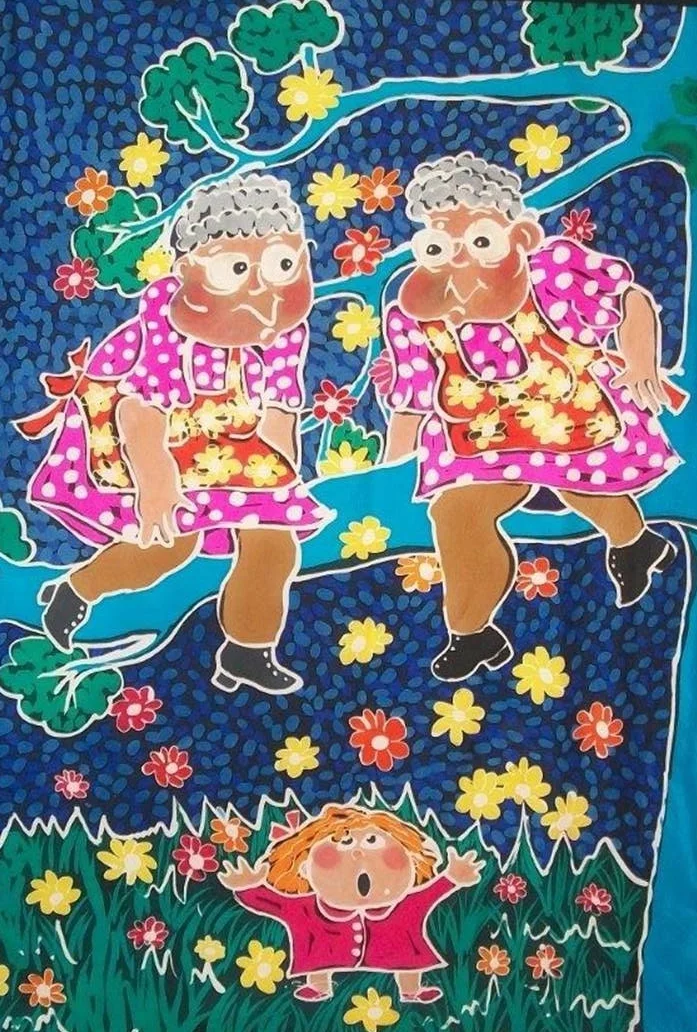  Jan Ingram,  The Twin Grandmothers: &nbsp; In the Orchard , batik on silk habotai&nbsp; 