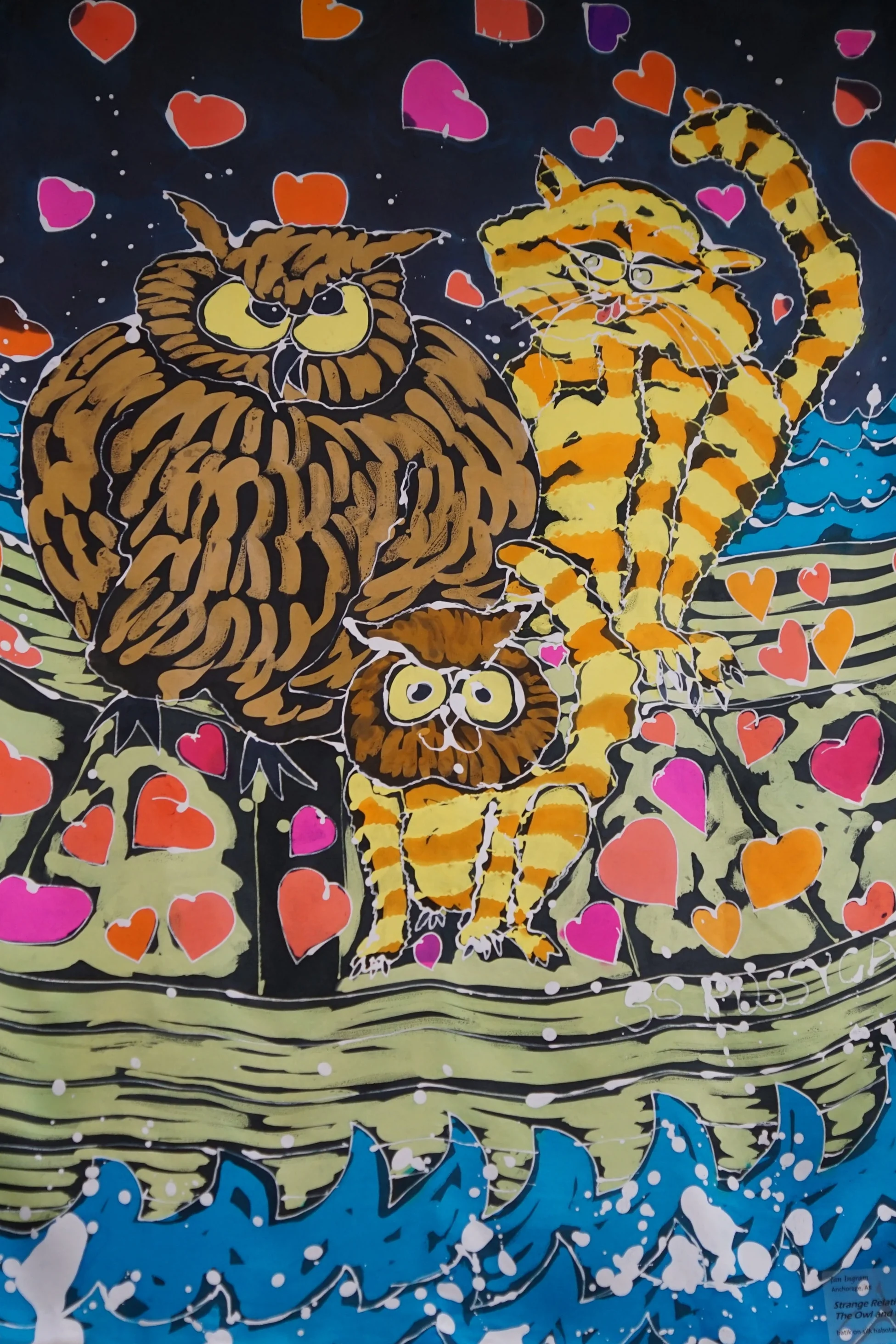  Jan Ingram,  Strange Relationship Series: The Owl and the Pussycat , batik on silk habotai 