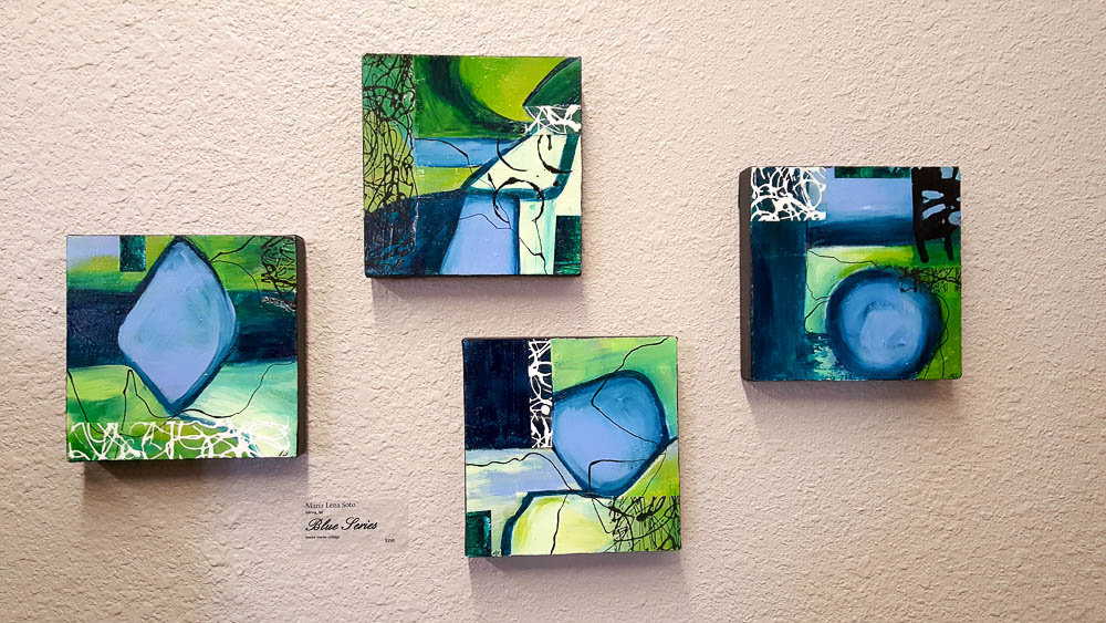 Maria Lena Soto, Blue Series , mixed media collage, each 8" X 8", $150.