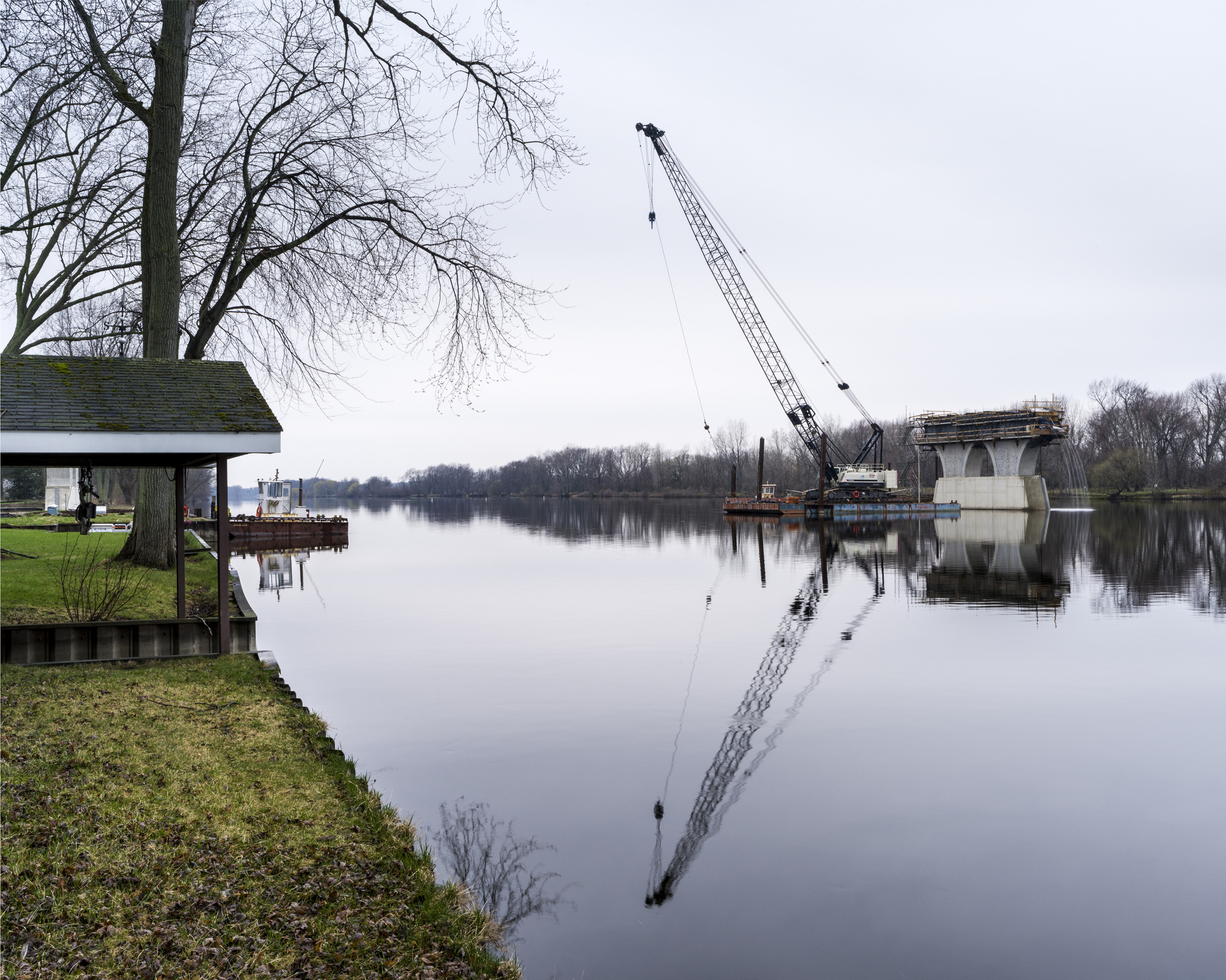Contruction of a new bridge crossing the Grand River near 120th Ave in Ottawa County. 2014