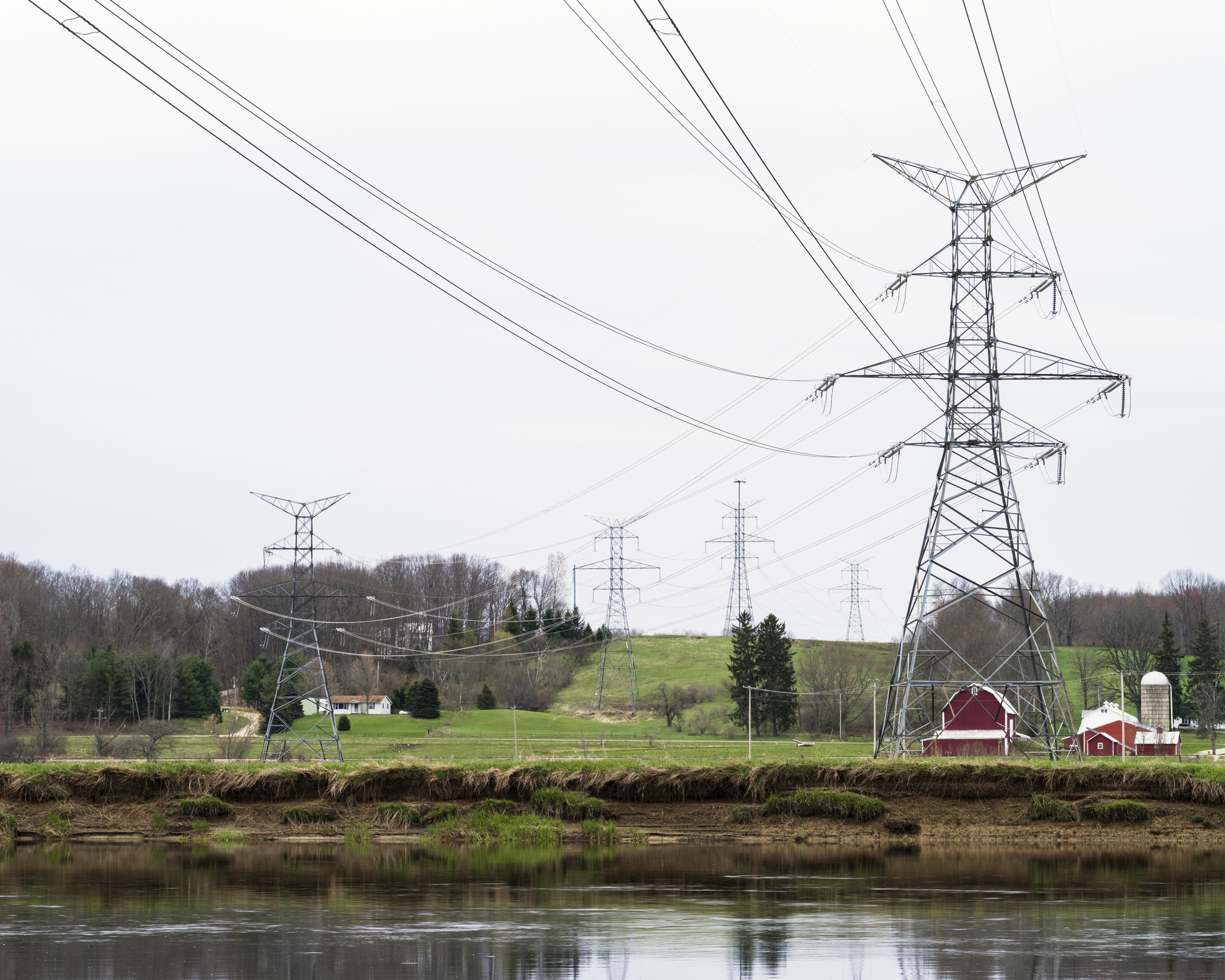 Power lines crossing the Grand River west of Lowell, MI. 2014