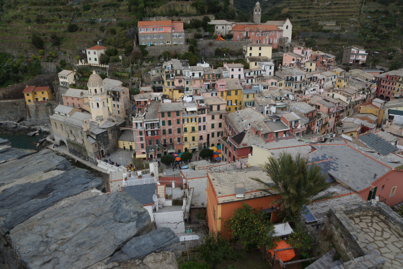 We visited the Cinque Terre the end of March - a great way to greet April! This is the view of Vernazza from the tower of Castello Doria....