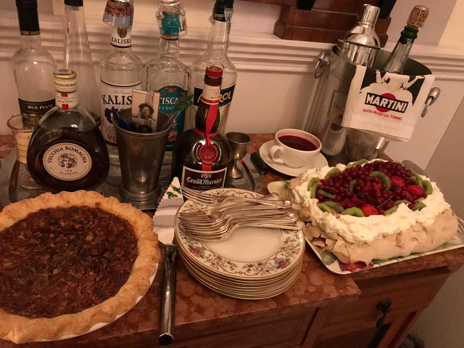 Dessert: Pecan chocolate pie, which I made, and a divine Pavlova prepared by our guest, Ellen.