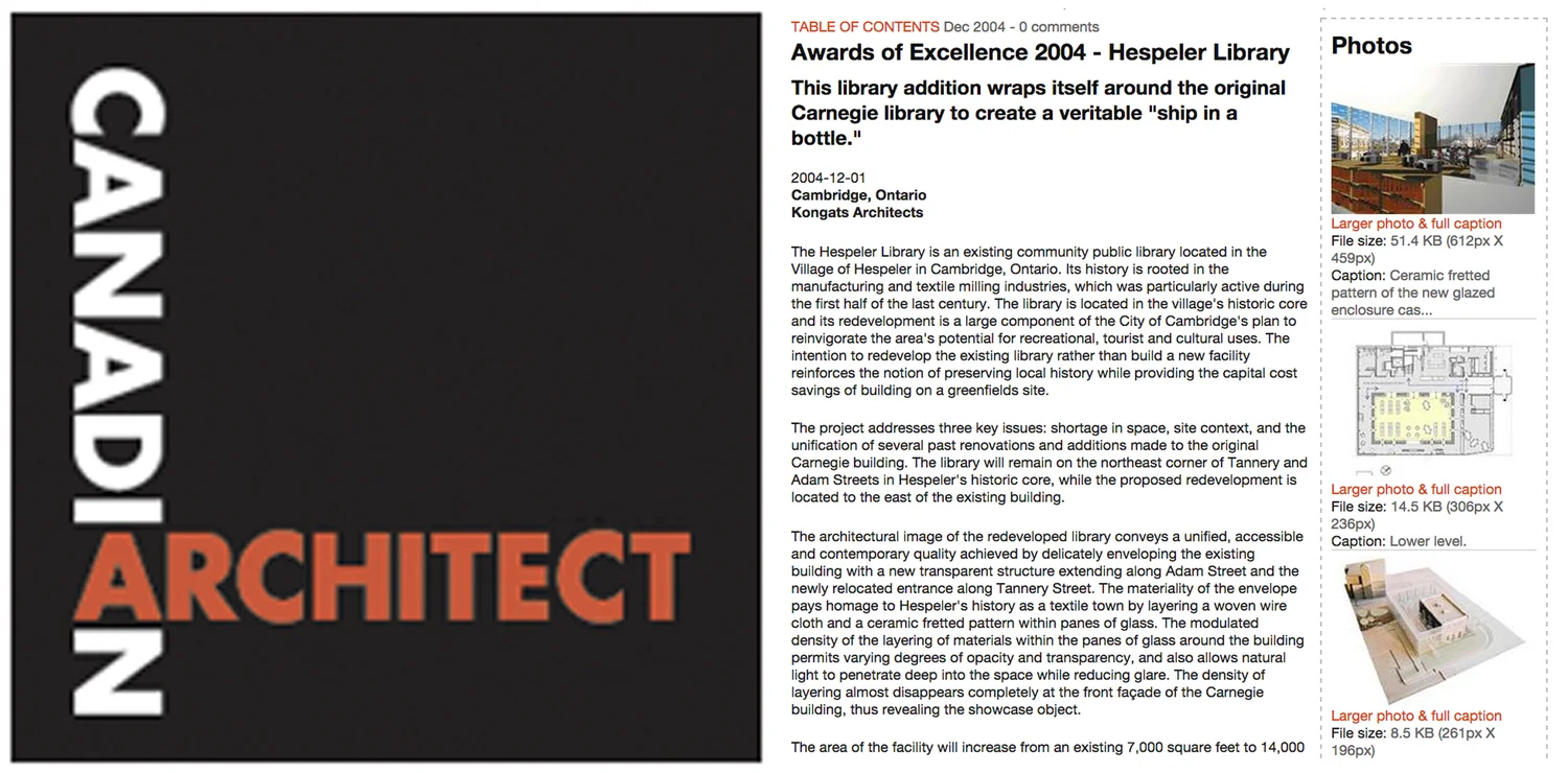 Hespeler Library architectural team wins Canadian Architect Magazine award of Excellence - Samer Hout Intern architect / designer for Kongats Architects.
