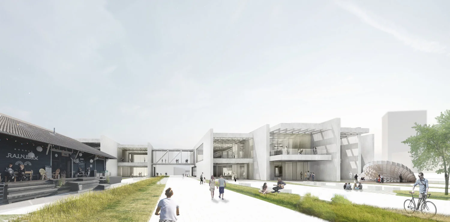New Aarhus School of Architecture. Aarhus, Denmark. Established in 1965, Aarhus School of Architecture has been Operating from a cluster of buildings, often with different addresses. The Danish Building & Property Agency and the Aarhus School of Architecture called for design proposals to consolidate the majority of the school’s activities. The brief set out an agenda with a vision for a flexible, inviting, and cost effective building. The new school is to be located in the heart of Aarhus at “Godsbanearealerne”, close to the railway stations and the city centre. Our proposal is characterized by parallel concrete walls, running along the longer edge of the site, they extend into the landscape at different lengths, giving the building a structured yet informal appearance. The linear spaces are programable and flexible, opening up into exterior rooms at both ends of the building. The exterior rooms range in function and character, from classrooms and workshop spaces, to ramps leading to the subterranean spaces. Splits and voids are orchestrated to allow for public exterior spaces to flow through the site. Atriums provide gathering areas for students, allowing for public presentations and installations to take place. On the second level some bands (between the organizing concrete walls) transform into steps that lead to the green roof and double as congregation space. Openings in the walls are orchestrated to allow visual access from the surrounding city, giving the public glimpses of the activities taking place on the inside, while more generous openings create a reciprocal relationship with the public.