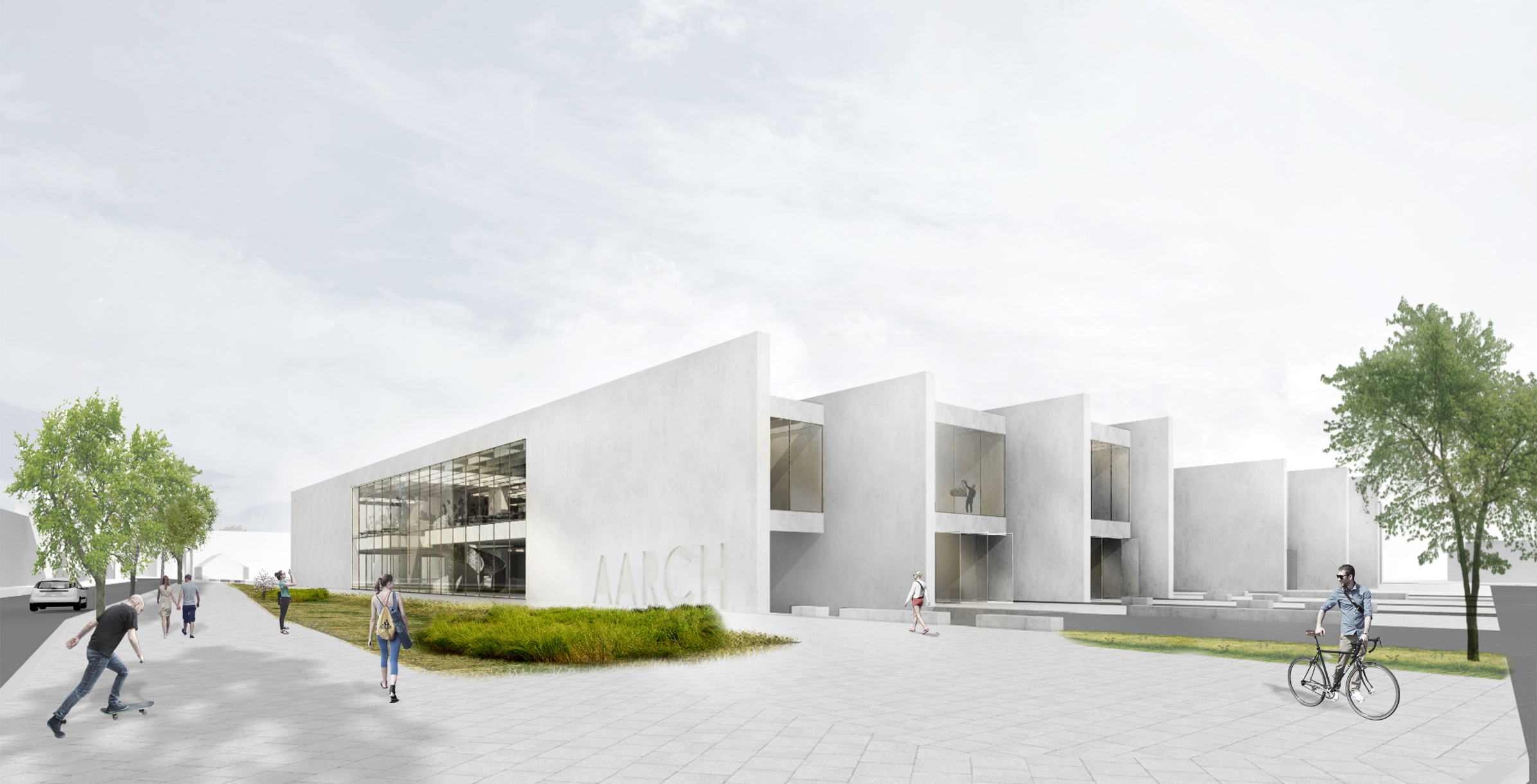 On the south west end of the building, the horizontal shifting of the walls offer a sense of informality, while a generous opening along the wall offer a level of transperancy between the city and the school.