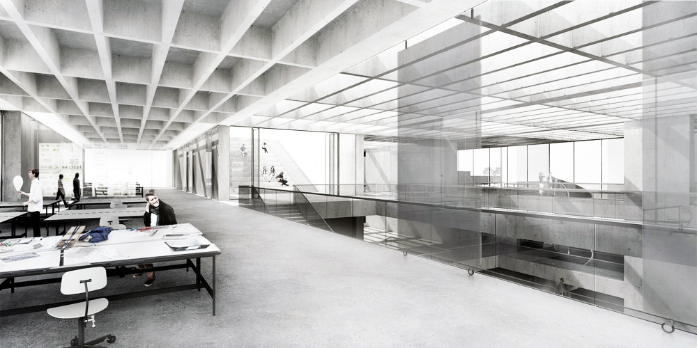 elongated spaces offer a sense of openness. This organization also allows high degree of flexibility. In this view: studio space in the foreground overlooking the central interior space. In the background, exterior auditorium that double as steps leading to the landscaped roof.