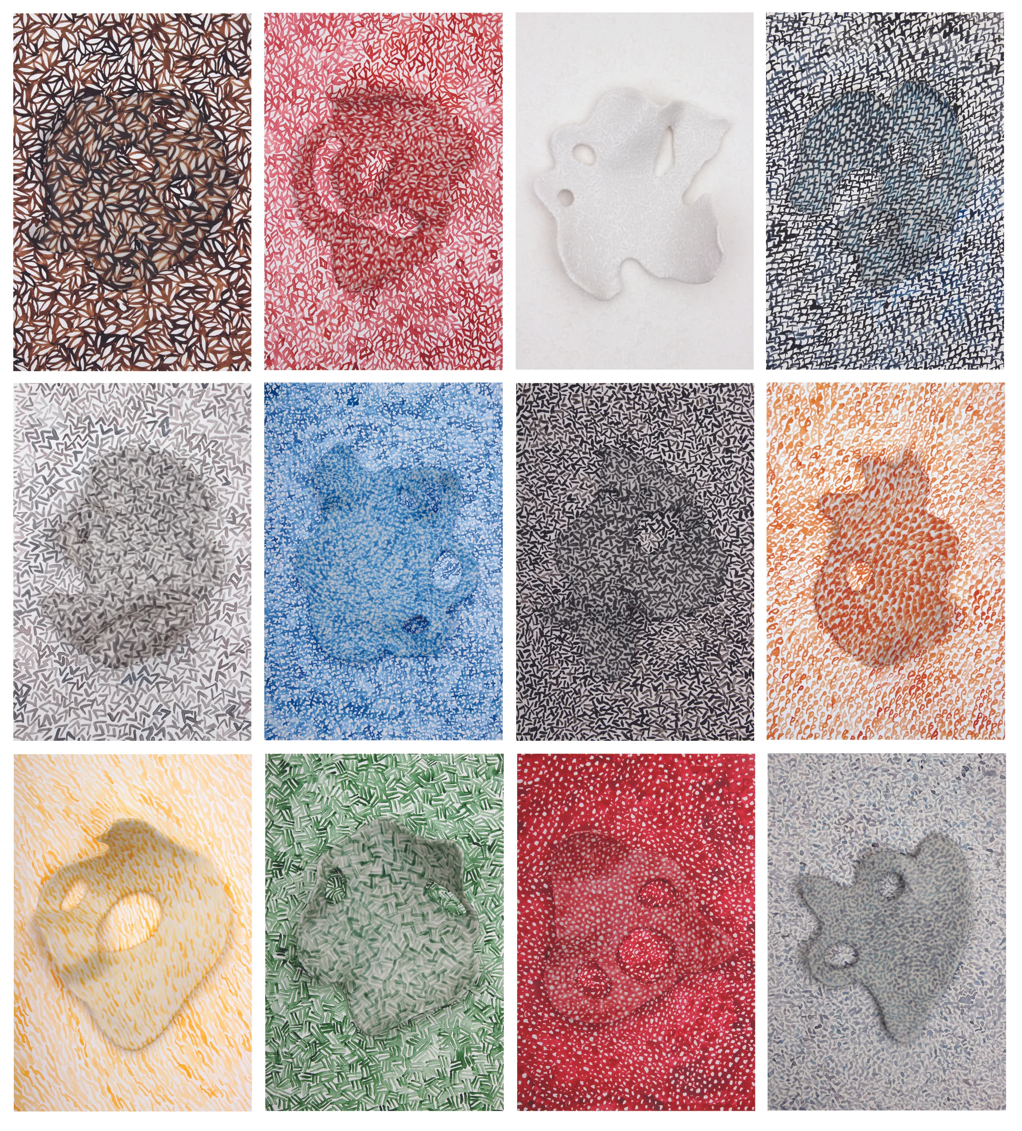 Janna van Hasselt, Chocolate Brown, Fruit Punch, Claybright White, Cobalt Navy Blue Warm Grey, Medium Blue, Amaco Black, Neon Orange Saffron, Grass Green, Tulip Red, Duncan Purple