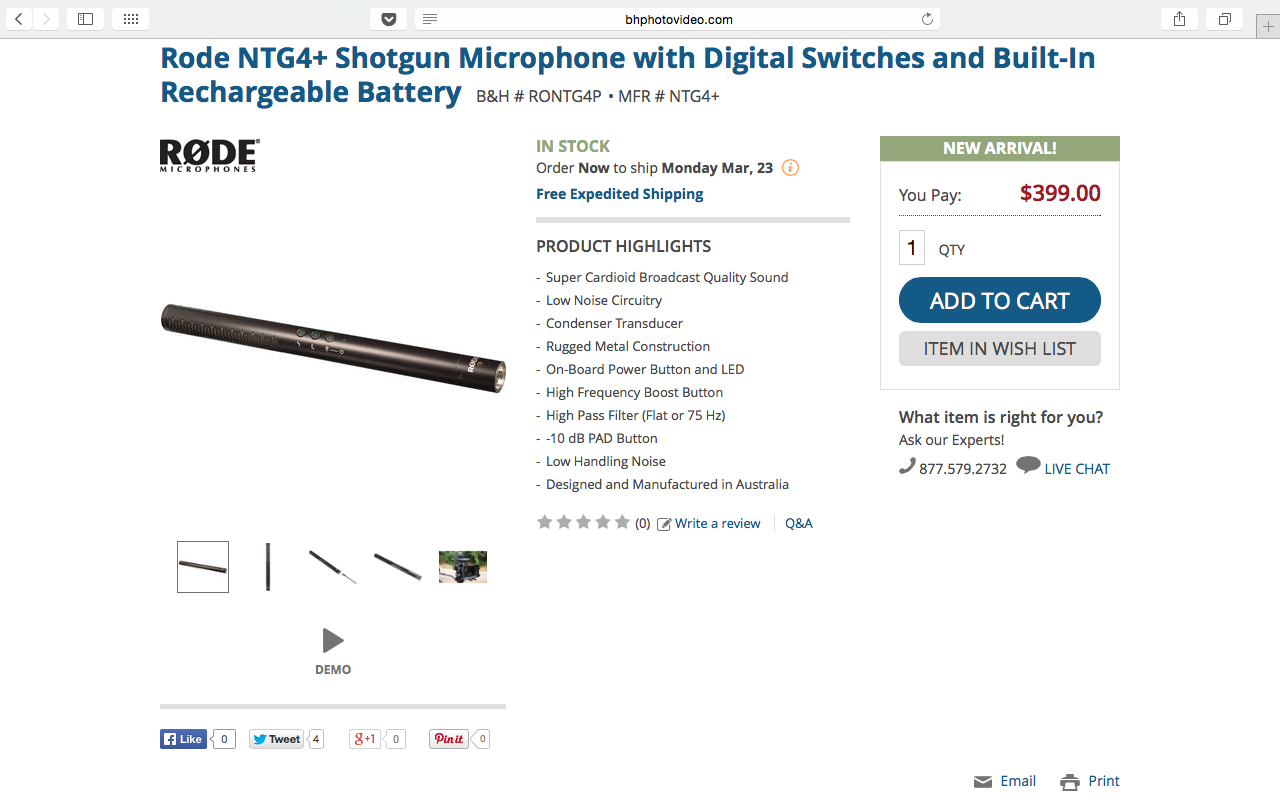 Screen shot of RØDE NTG-4+ on B&H Photo's site.