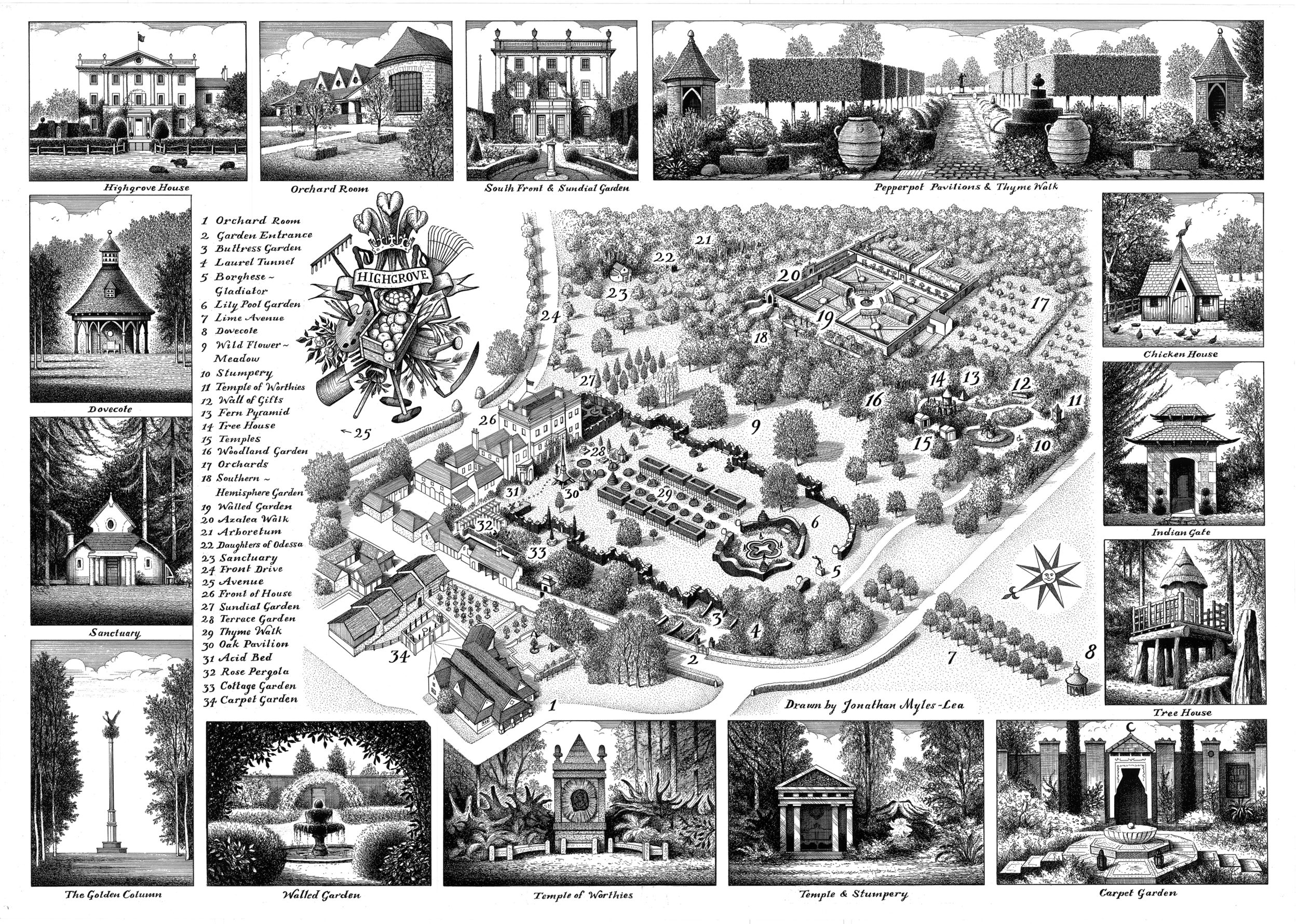 Jonathan Myles-Lea was commissioned to create this meticulous map of the gardens at Highgrove in 2009. The drawing has been used in various publications, including the official visitor guide to the property as well as on the cover of Prince Charles's latest book. Available from the Highgrove website here.