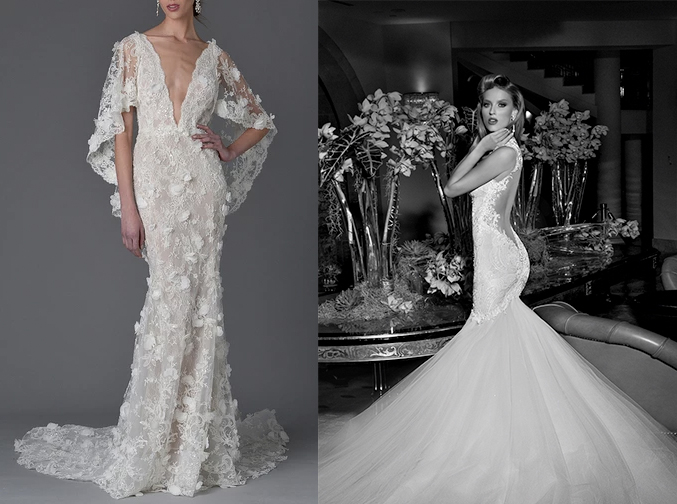 Left, "Daffodil" by Marchesa. Right, "Loretta" by Galia Lahav.