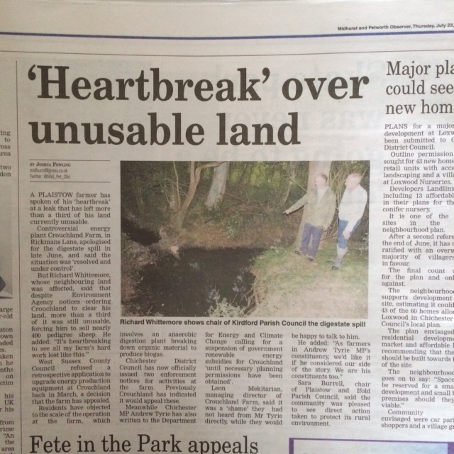 Yesterday's article in the Midhurst and Petworth Observer and County Times This is the advertisement that Crouchland Biogas took in the local press. We have added our comments to set the story right.