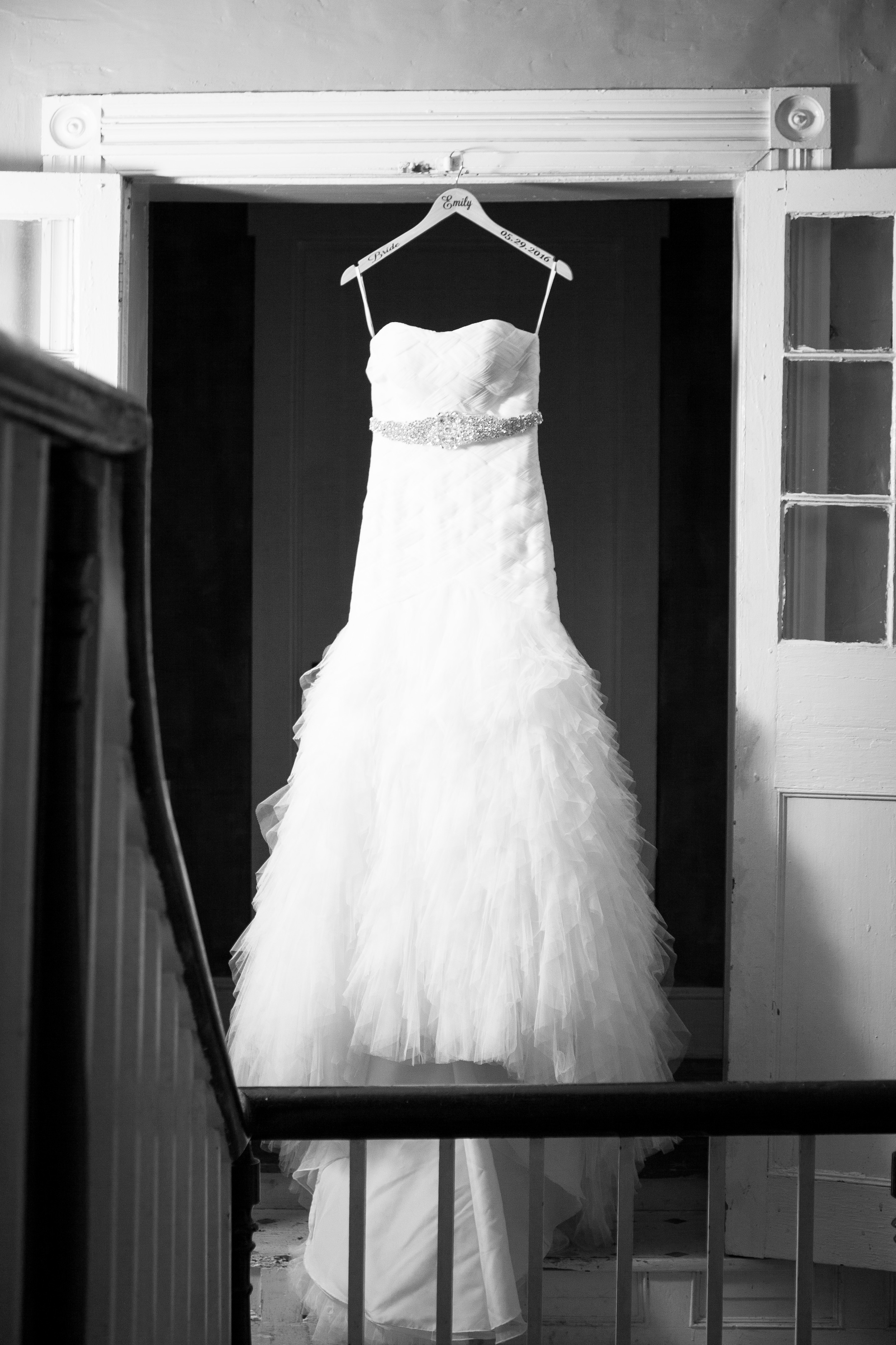 The Kyle House Fincastle Virginia Wedding Photographer Bent-Lee Carr wedding dress framed by stairs