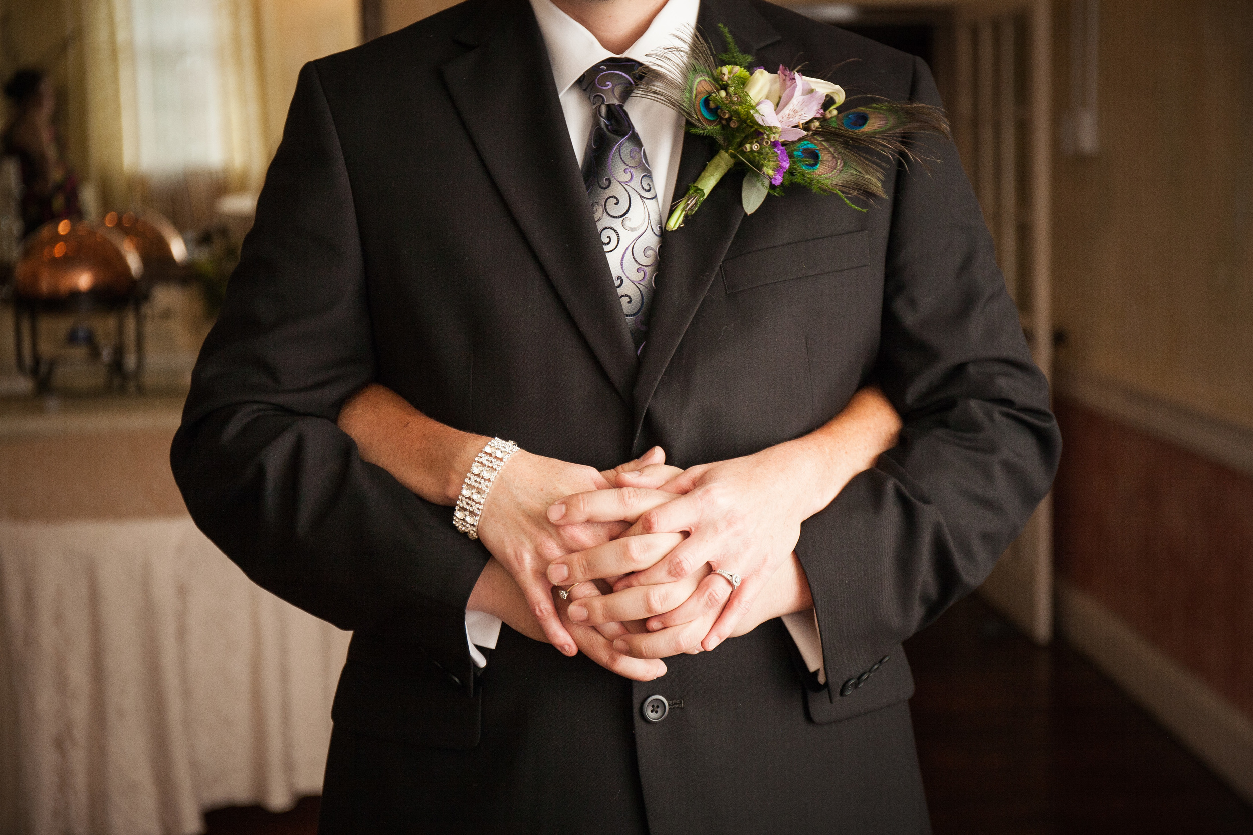 The Kyle House wedding photographer bent-lee carr fincastle, virginia Bride and groom with hands clasped together in front