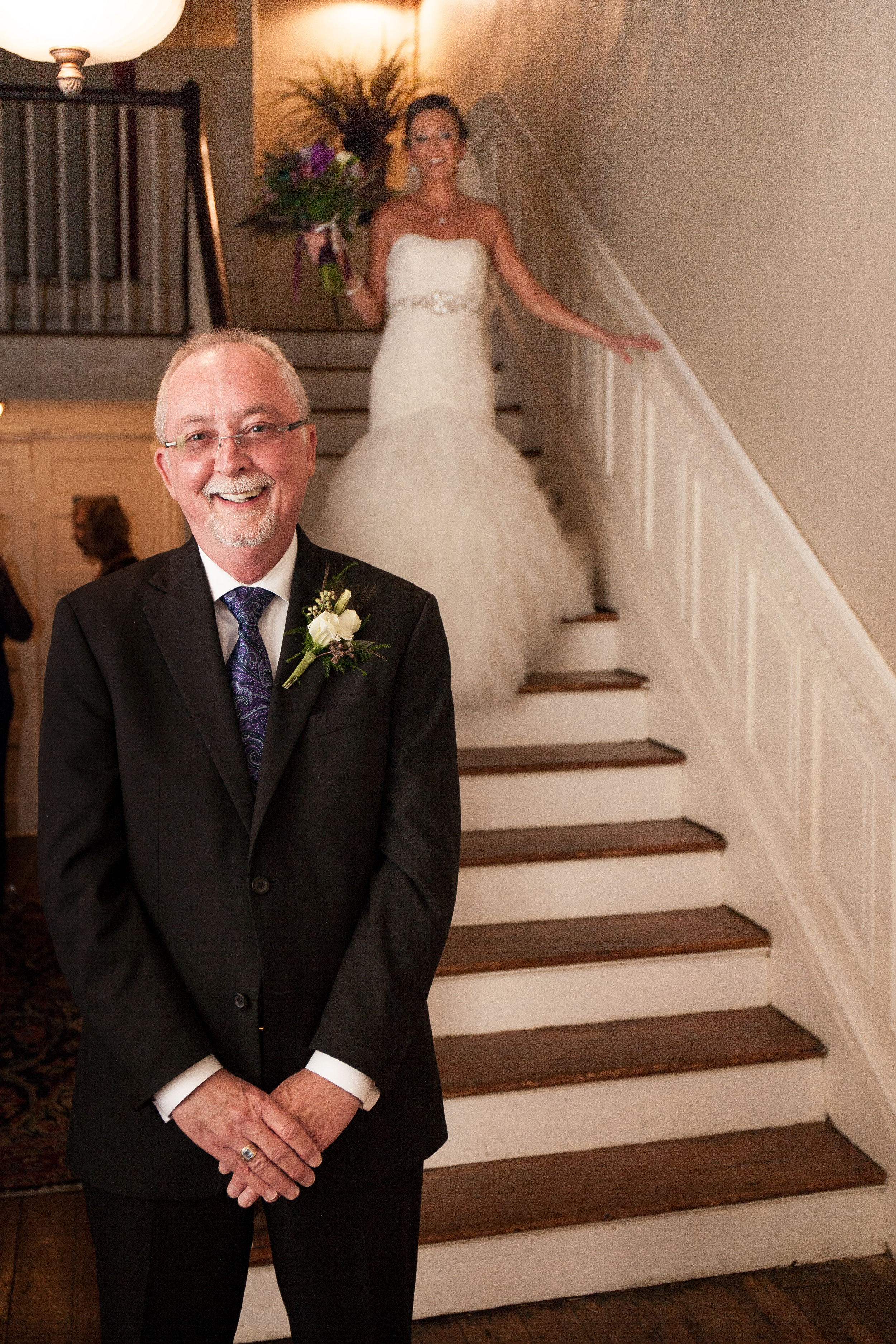 The Kyle House wedding photographer bent-lee carr fincastle, virginia father of the bride waits as daughter comes down the stairs