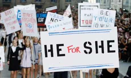 A HeForShe sign at the Chanel Spring/Summer 15 Paris Fashion Week show this year – their faux feminist rally brought the great feminist debate to the forefront of high fashion. 