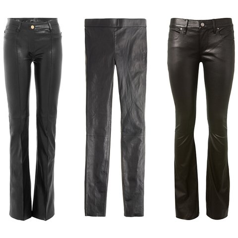 Deri Pantolon Şıklığı Jitrois ispanyol paça deri pantolon, $2,595, stylebop.com ; J.Crew Collection deri tayt, $495, jcrew.com ; RtA siyah streç deri pantolon, $1,386, montaignemarket.com