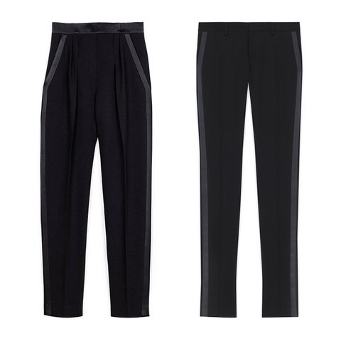 Maskülen Şıklık Pallas Lambda pantolon, $1,435, theline.com ; Saint Laurent İkonik Le Smoking boru pantolon, $990, ysl.com