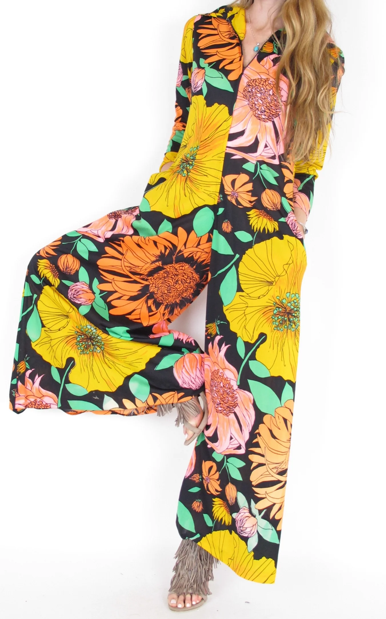 Vintage 60s Vibrant Floral Bell Bottom 