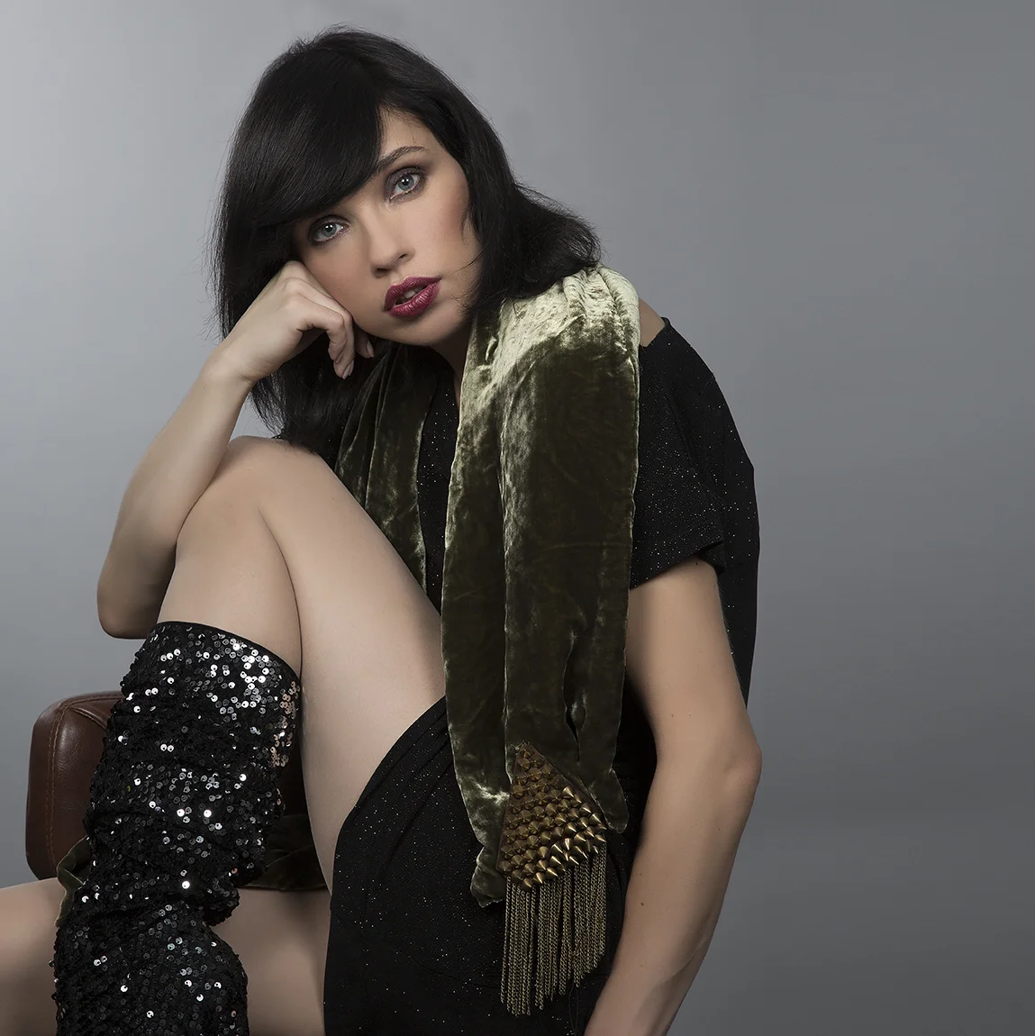 Silk Velvet Scarf with studded tassel detail in olive green. Made to order only. £95
