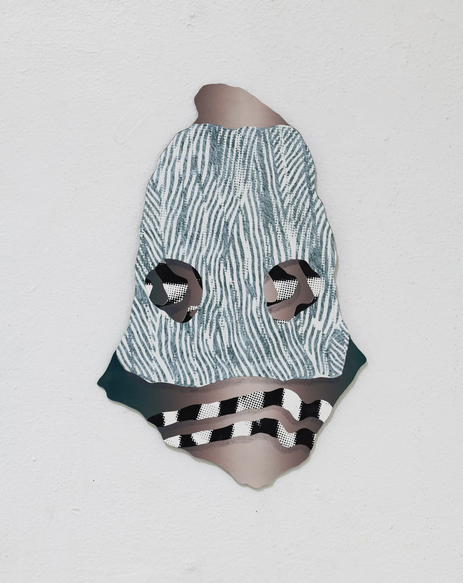   Boogeyman jr.,  2021, acrylic, colored pencil, screen print, hand cut paper mounted on steel 