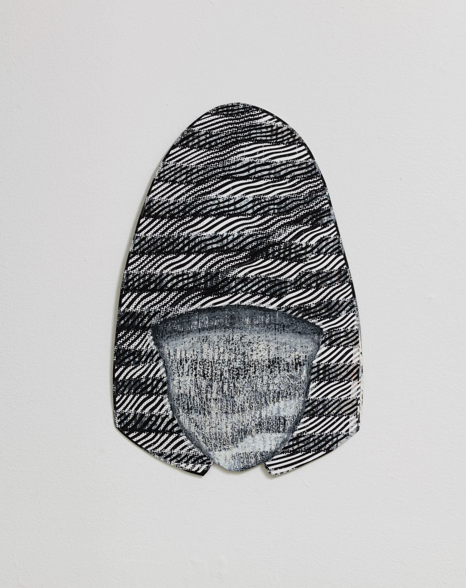   Smiling Less , 2021, acrylic, oil pastel, screen print, hand cut paper mounted on steel 