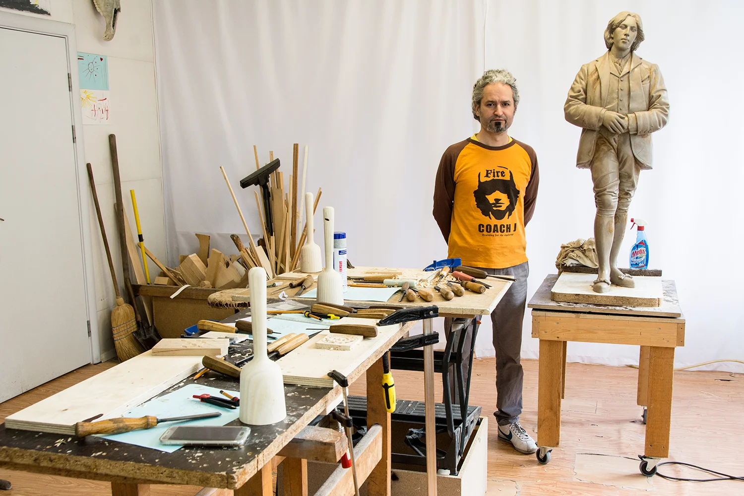 Sculptor and wood carver Steliyan Steliyanov, in his studio