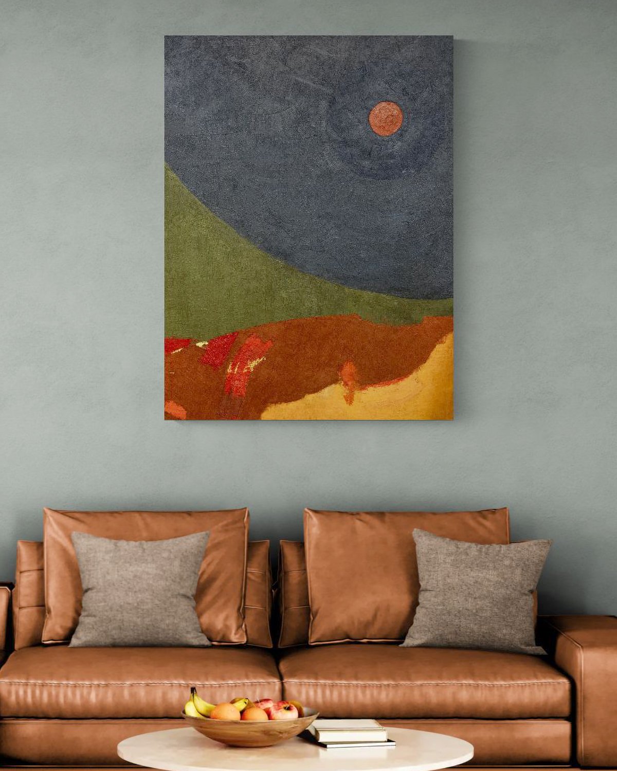 The Dénia series: Moon, 120x90 cm, oil on canvas, room mockup by Canvy