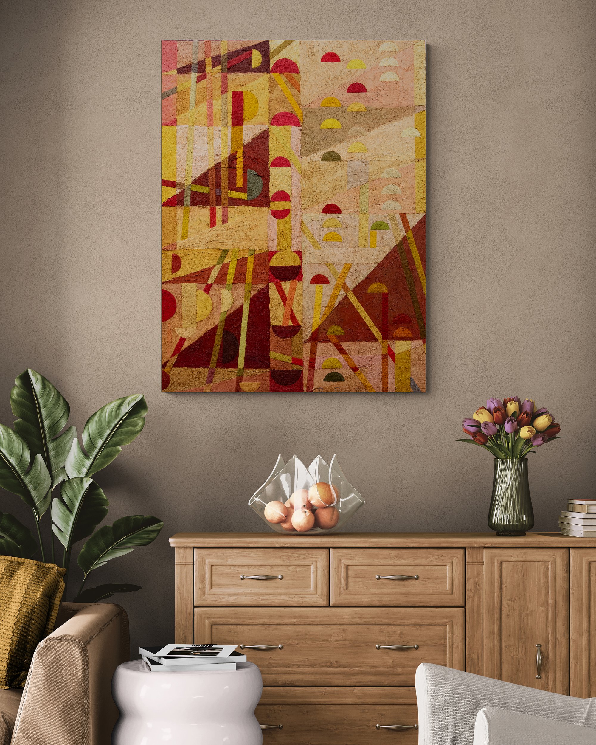 The Dénia series: Spirit Door, 120x90 cm, oil on canvas, room mockup by Canvy