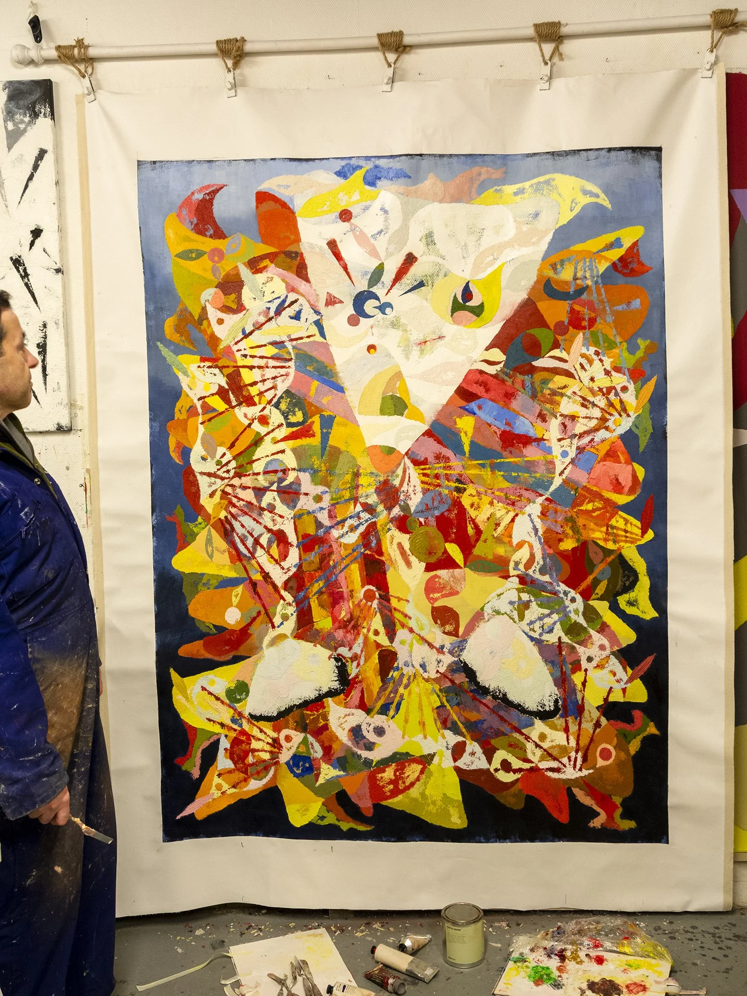 Mycenae XIII (The Bull of Heaven), oil on unstretched canvas, 200x150 cm. The Mycenae series is inspired by a search for larger scales, bold mark making, and a free, gestural painting language. These paintings on unstretched canvas can be displayed a