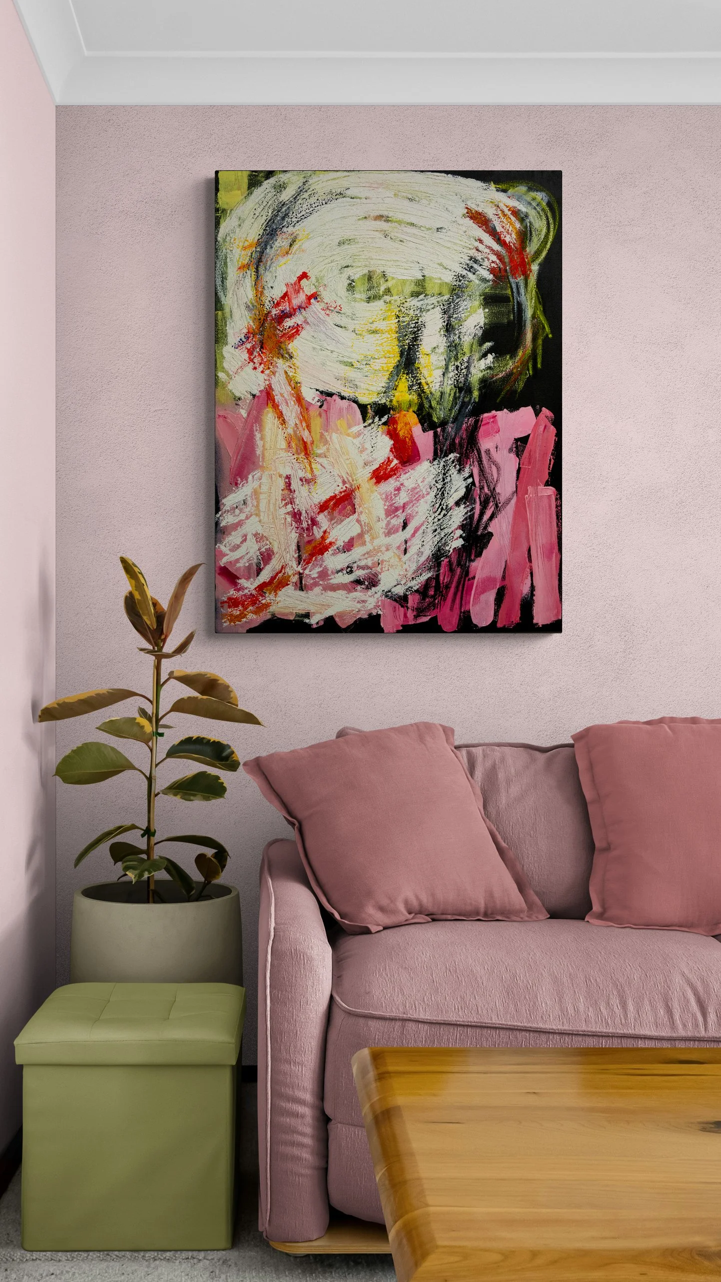Sunrise XII, 100x75 cm, oil on canvas, room mockup by Canvy