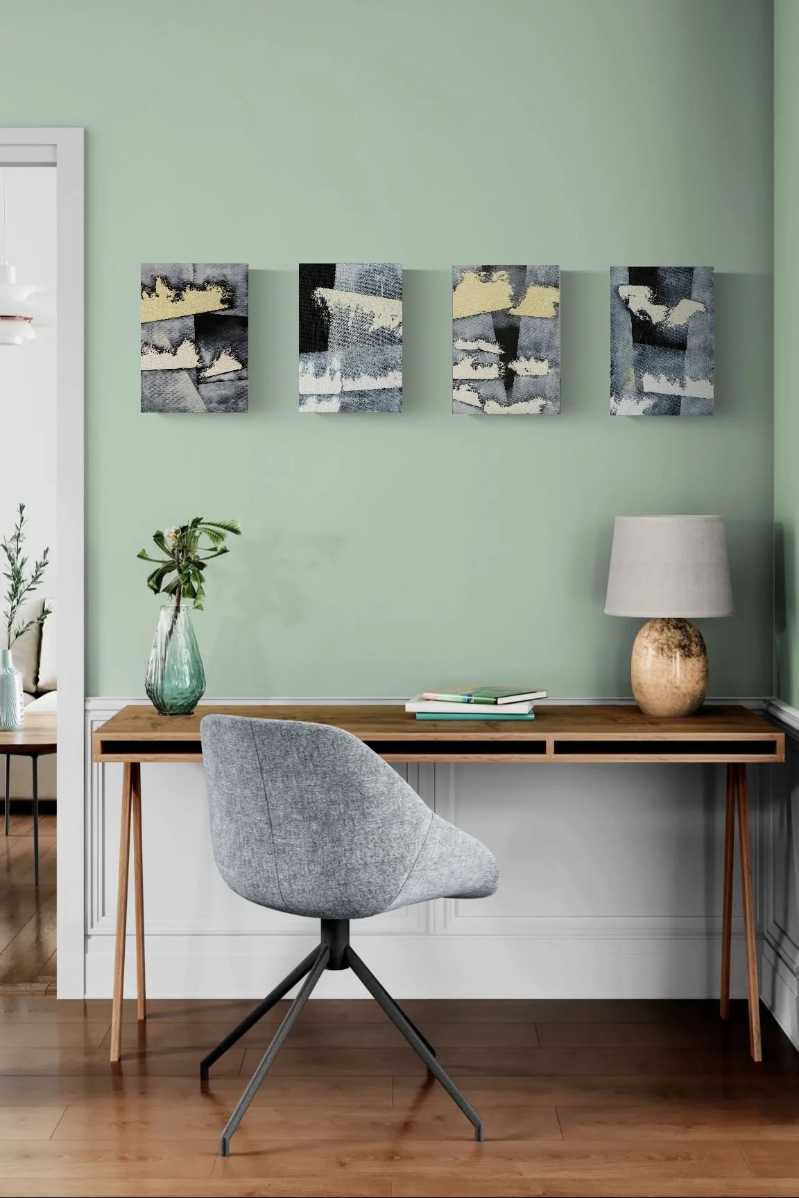 Small paintings from the Minimal series, 36x27 cm, oil on canvas, room mockup by Canvy