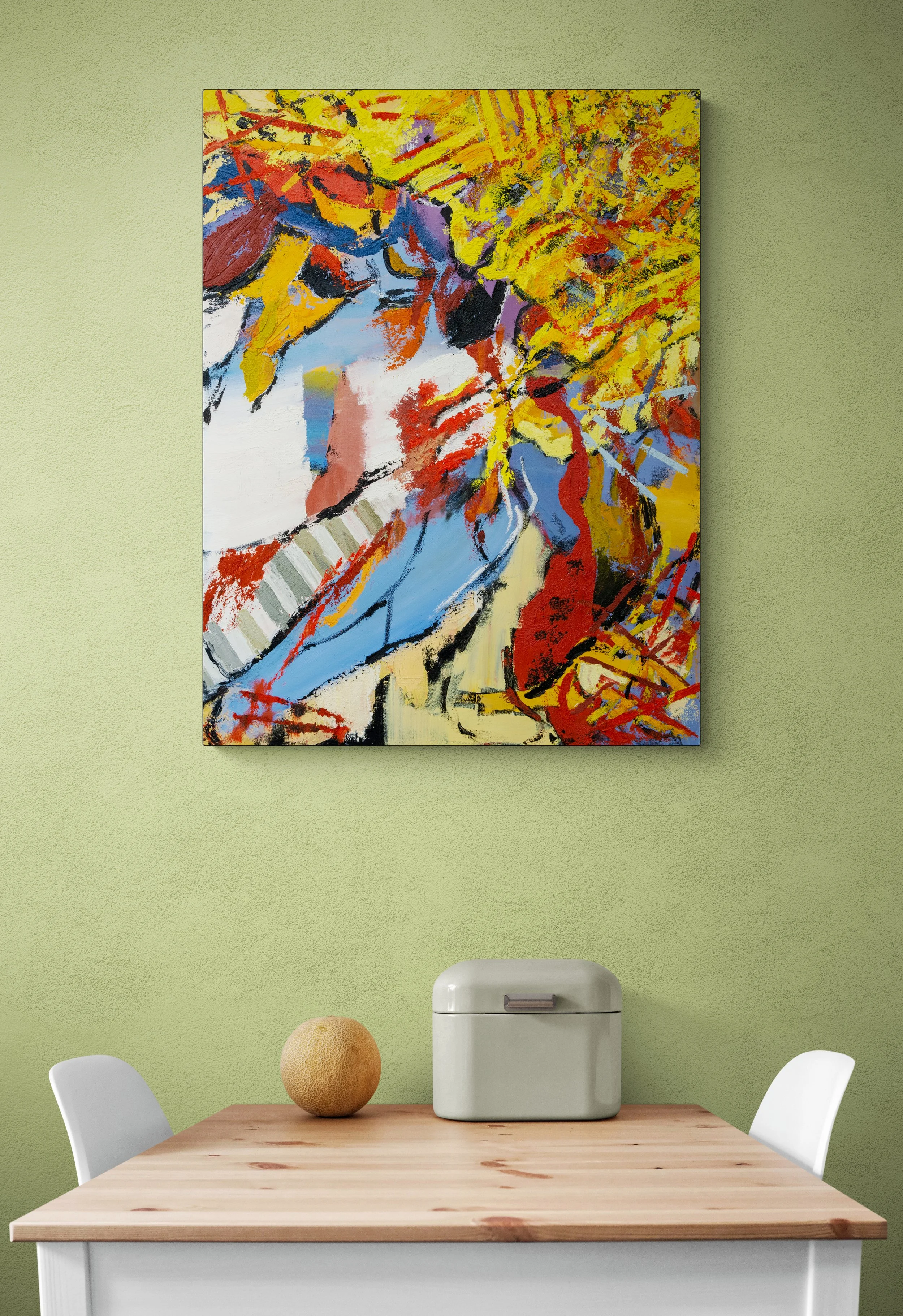 Joan, 100x75 cm, oil on canvas, room mockup by Canvy