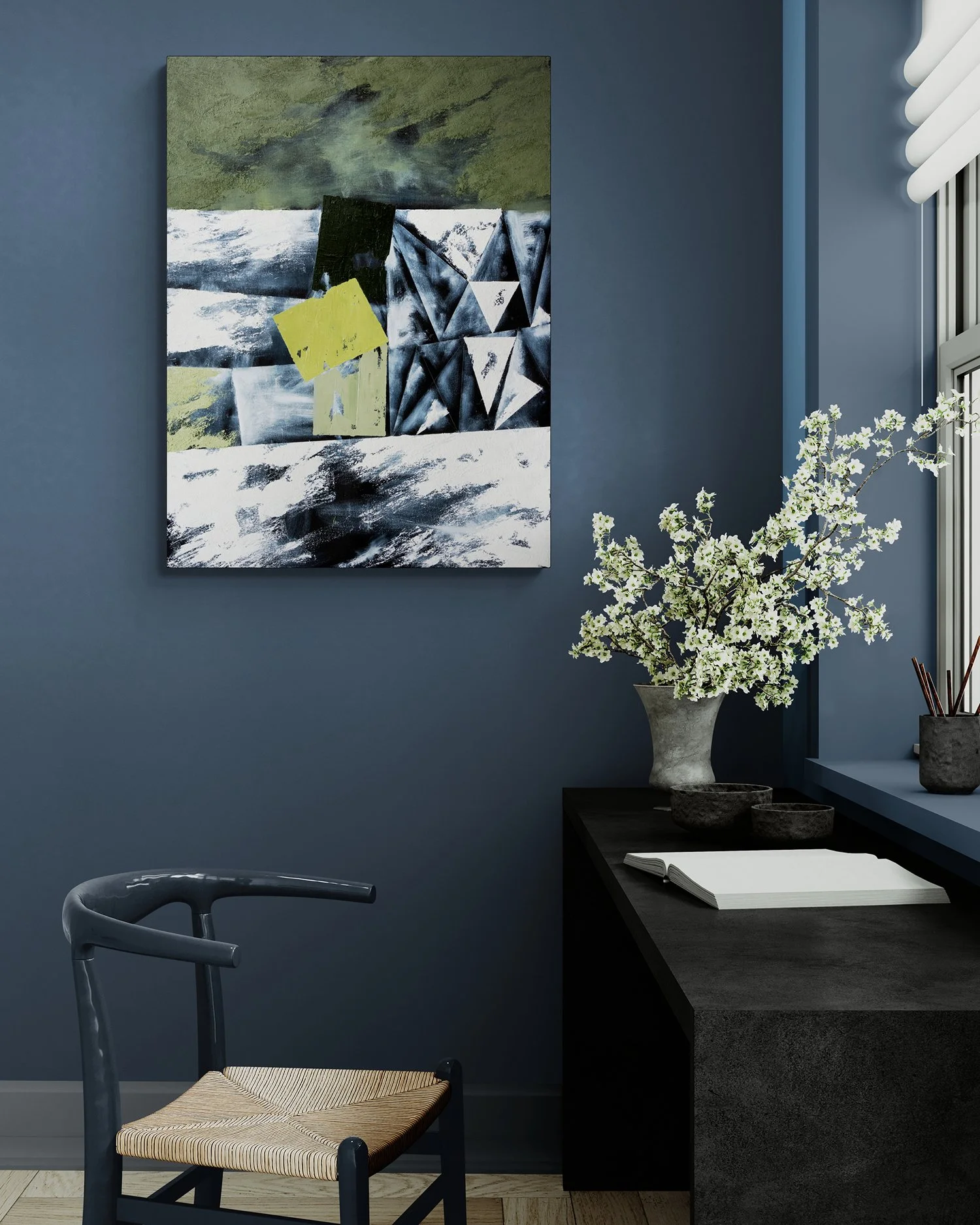 Divisions V, 100x75 cm, oil on canvas, room mockup by Canvy