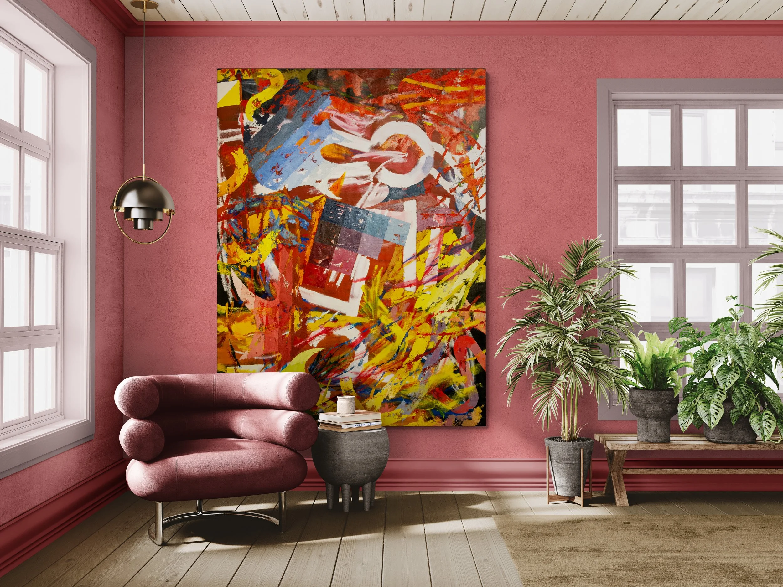 Mycenae X (Aethelred), oil on canvas, 200x150 cm, room mockup by Canvy