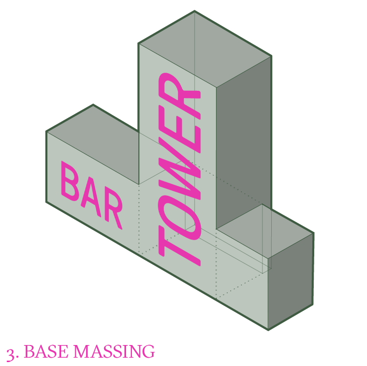 The resultant bar-and-tower massing was stark and institutional, especially considering the proposed CMU construction system. We needed to soften and enliven the massing to give the field a sense of identity.
